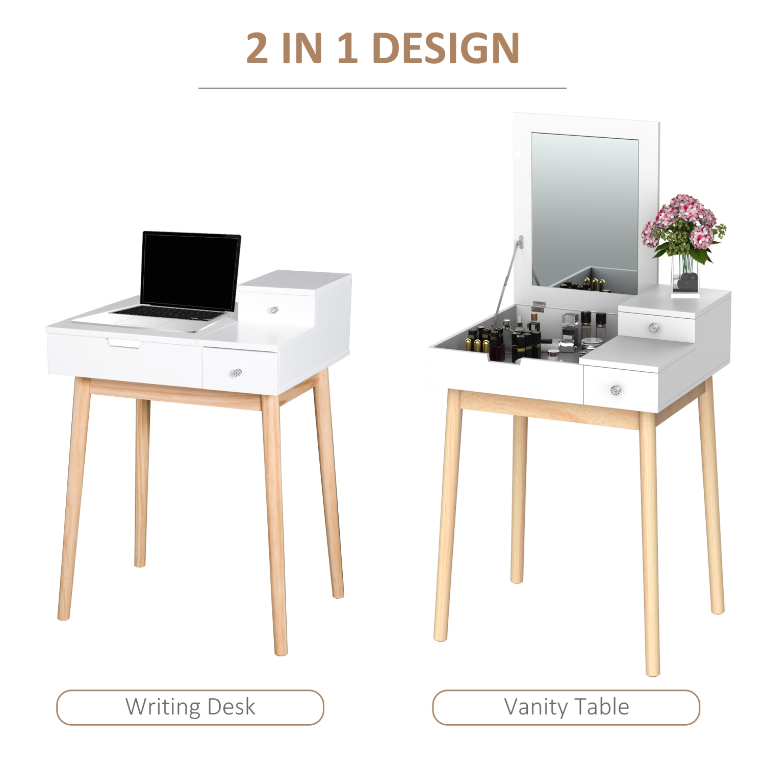 HOMCOM – Coiffeuse de maquillage avec miroir à dessus rabattable, table à langer moderne, bureau à maquillage avec dessus rabattable, 2 tiroirs pour