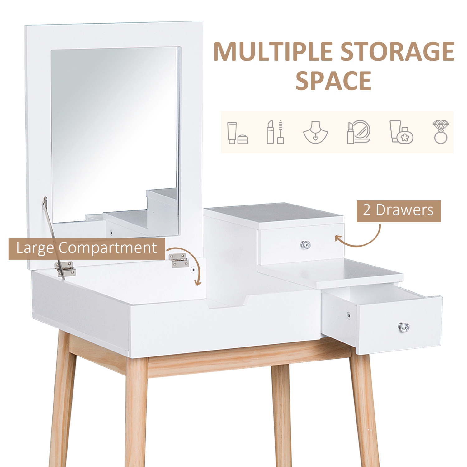 HOMCOM – Coiffeuse de maquillage avec miroir à dessus rabattable, table à langer moderne, bureau à maquillage avec dessus rabattable, 2 tiroirs pour