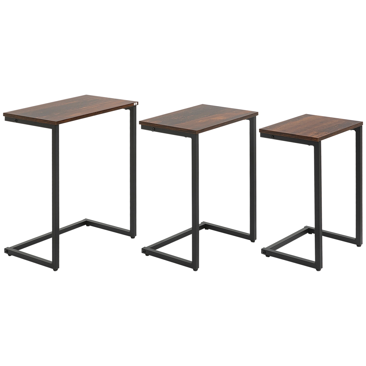 Ensemble de 3 tables de bout gigognes de HOMCOM, table d'appoint industrielle en forme de C avec cadre en acier pour canapé, lit, salon, brun rustique