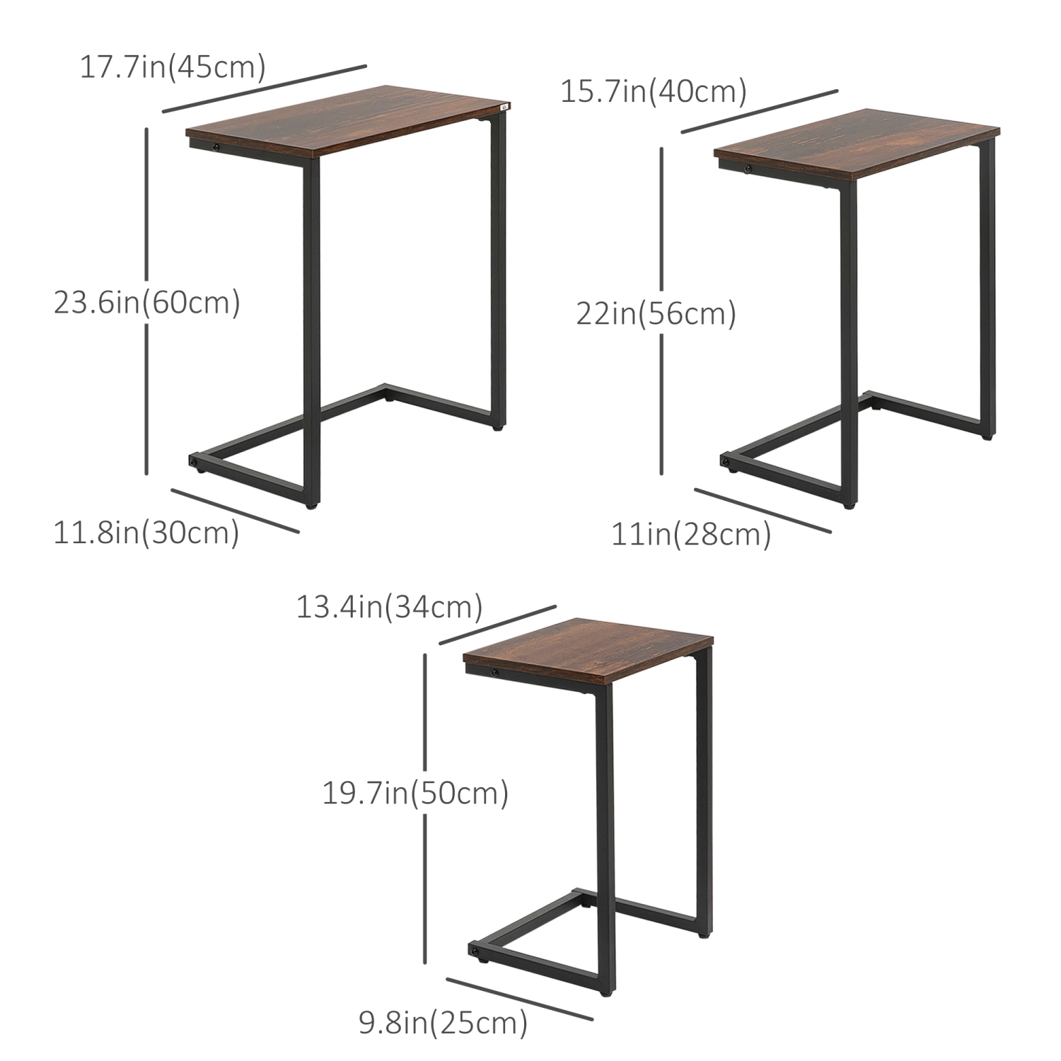 Ensemble de 3 tables de bout gigognes de HOMCOM, table d'appoint industrielle en forme de C avec cadre en acier pour canapé, lit, salon, brun rustique