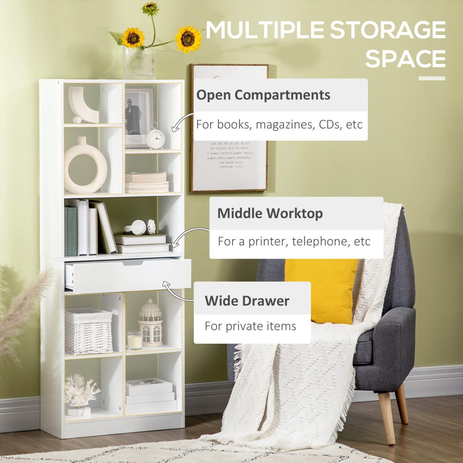 HOMCOM 63" Tall Bookshelf with Drawer, Freestanding Bookcase with Open Shelves, Shelving Unit, Display Rack for Bedroom, Living Room, Home Office,