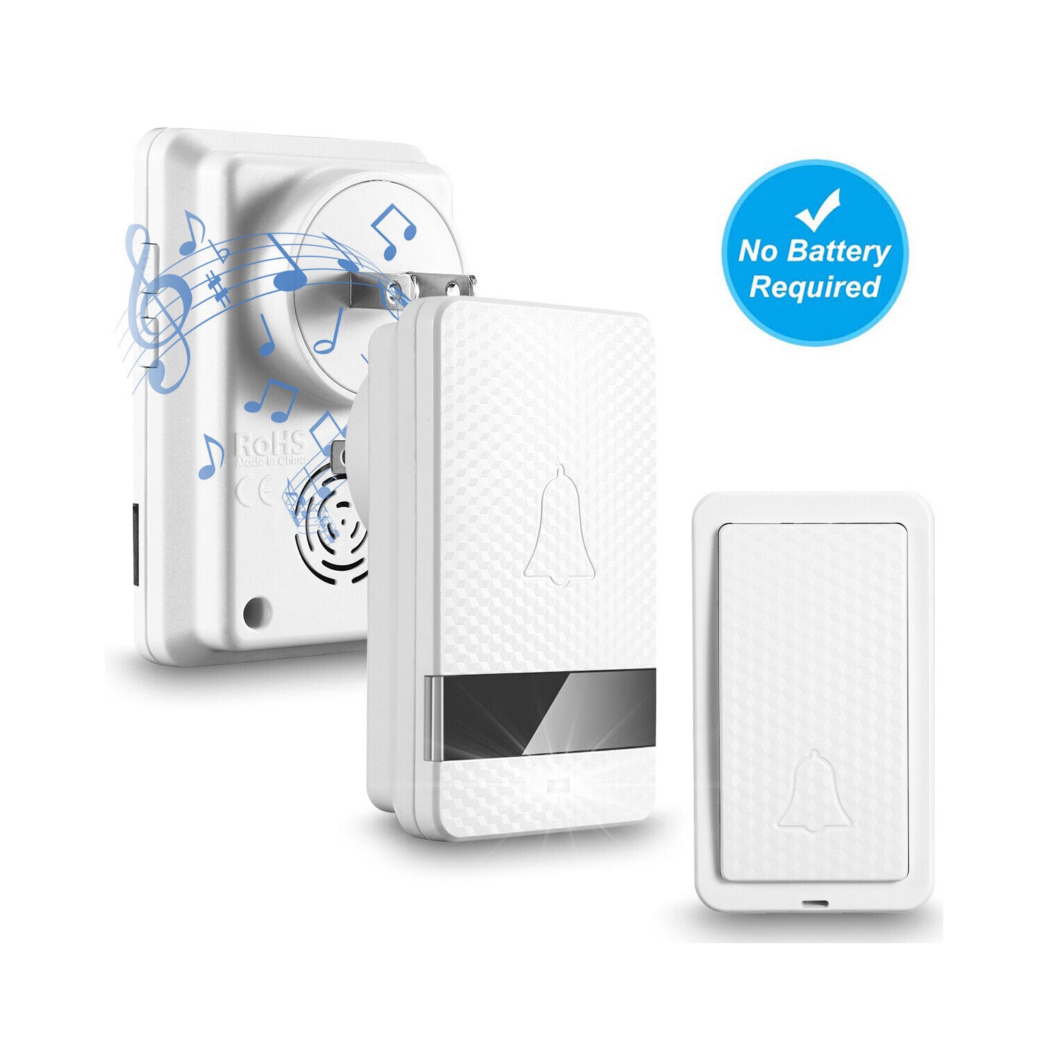 Sonnette sans fil alimentée par pile 1 bouton à distance + 2 récepteurs à brancher, blanc