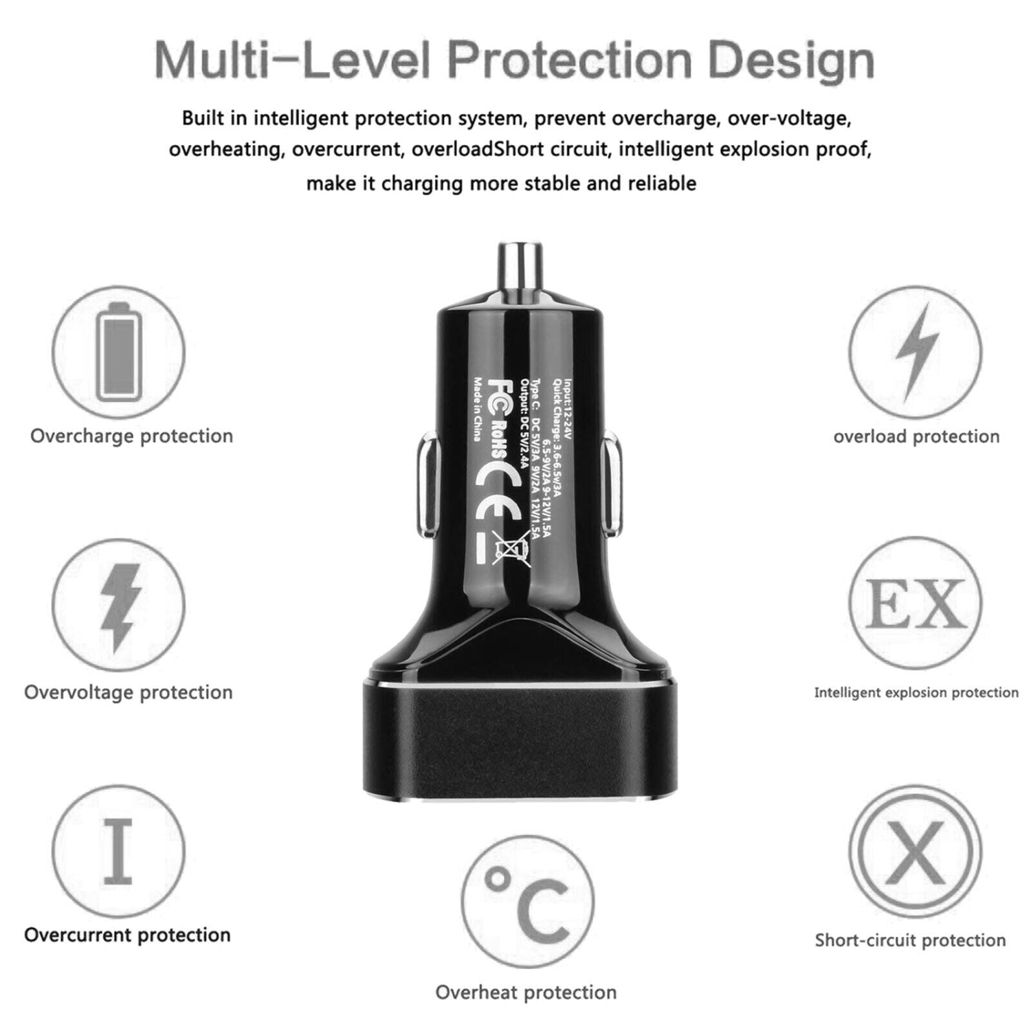 3-Port USB Car Charger Adapter QC 3.0 Fast Charging