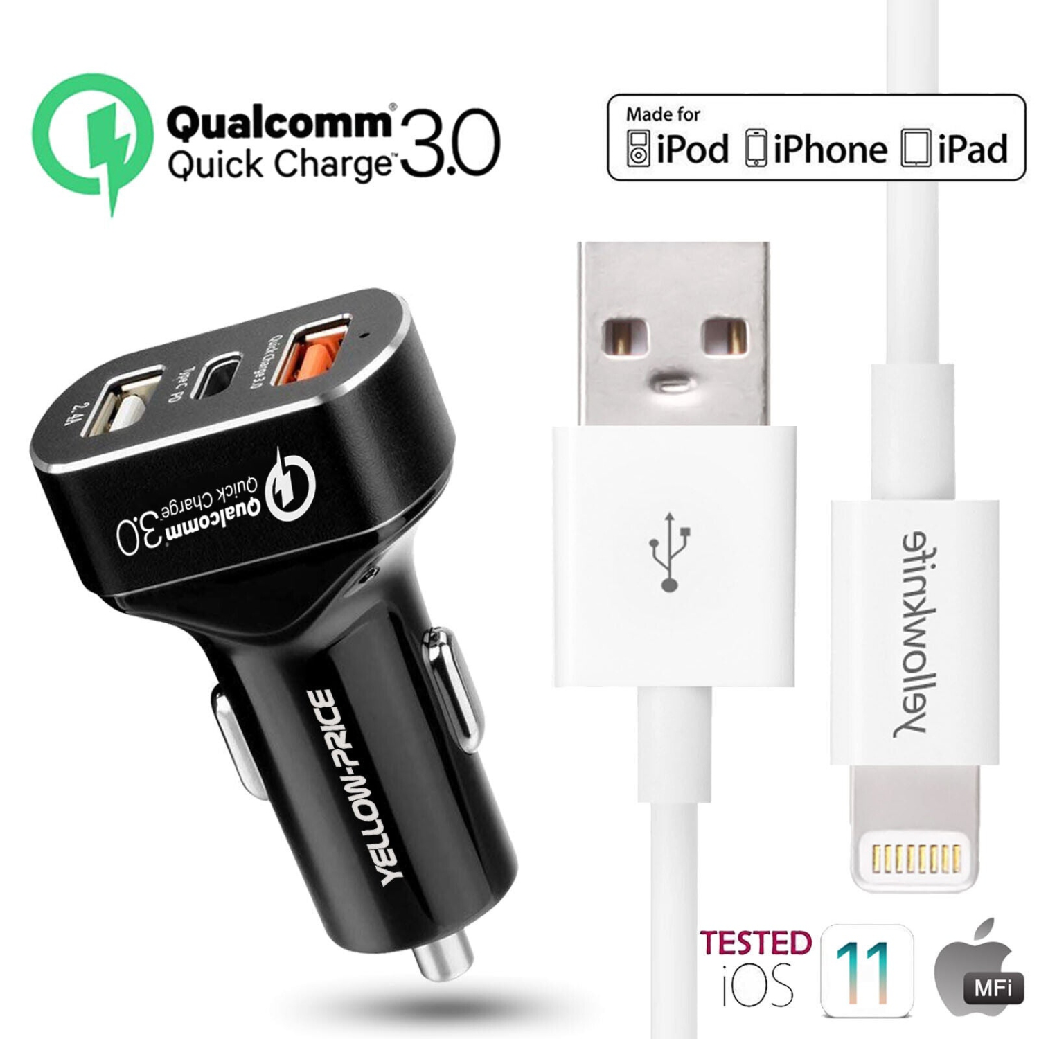 3-Port USB Car Charger Adapter QC 3.0 Fast Charging
