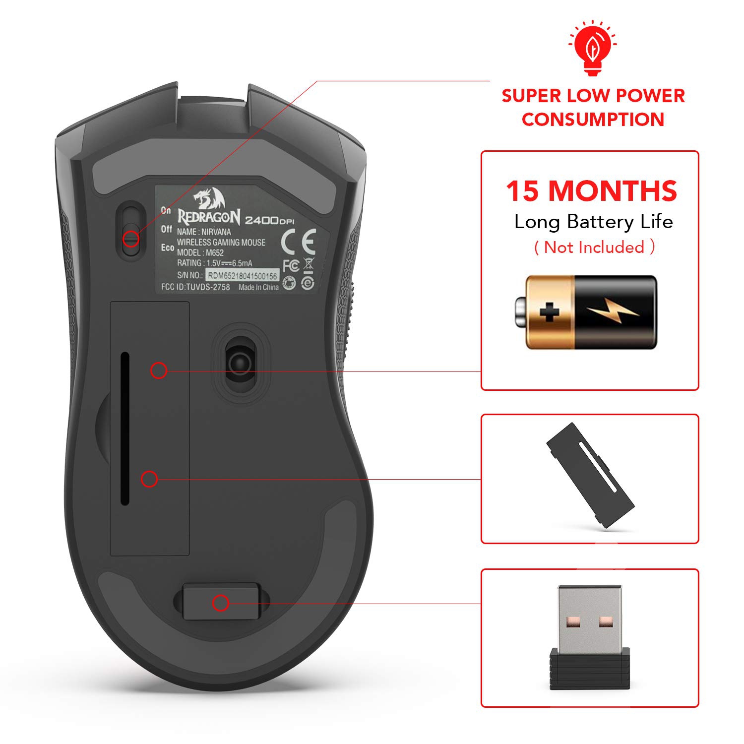 Redragon M652 Optical 2.4G Wireless Mouse with USB Receiver, 2400 DPI Portable Gaming & Office Mice, 5 Adjustable DPI Levels, 6 Buttons for Desktop,