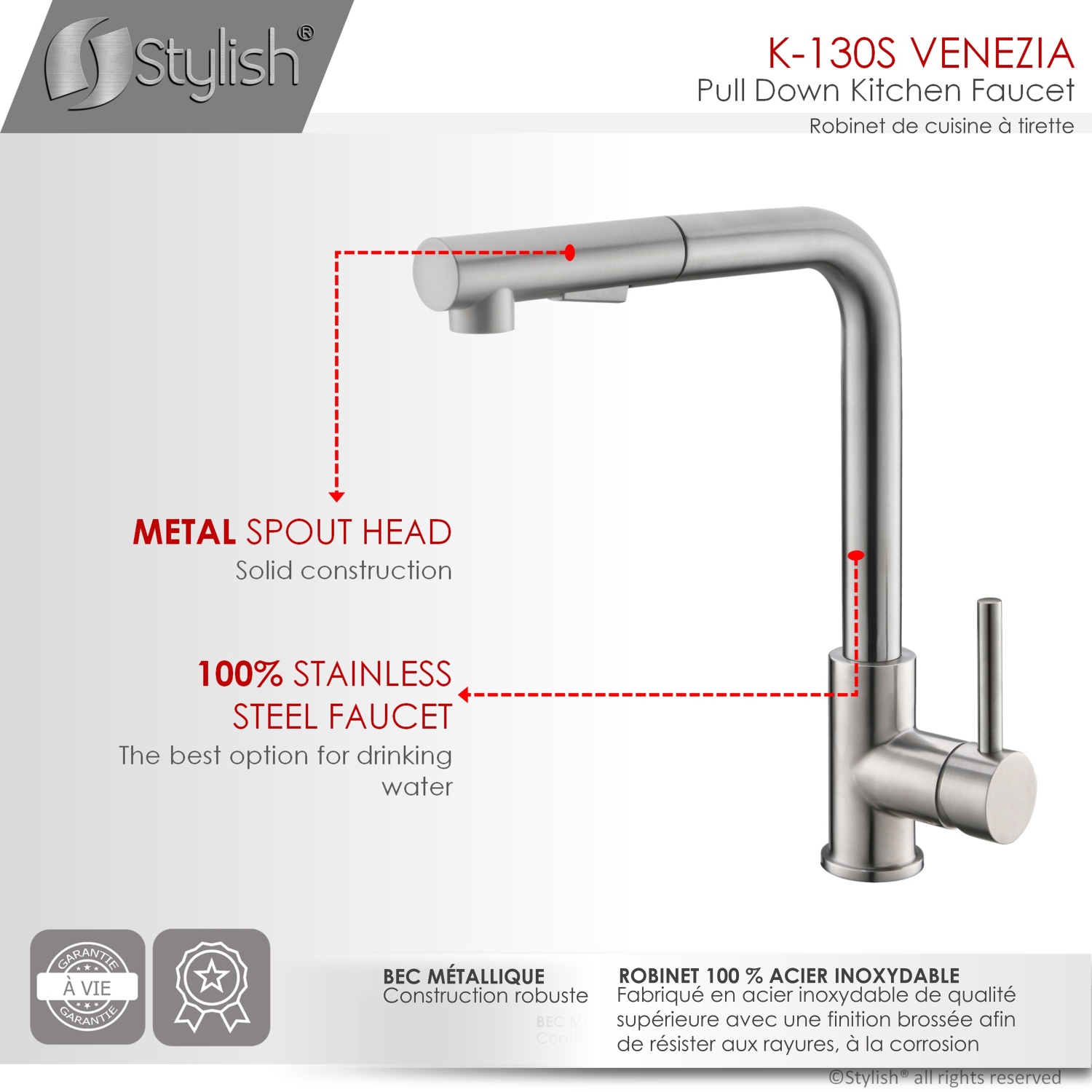 K130SK147S Single Handle Pull Down Kitchen Faucet with Cold Water Tap in Stainless Steel