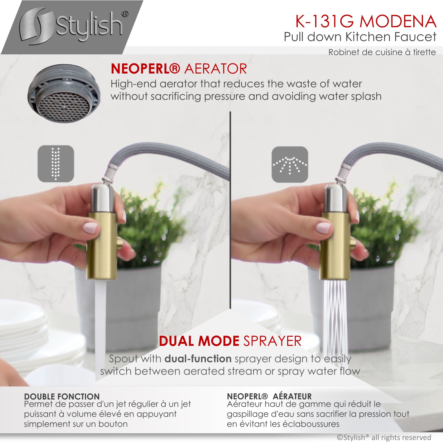 K131GK142G Single Handle Pull Down Kitchen Faucet with Cold Water Tap in Gold