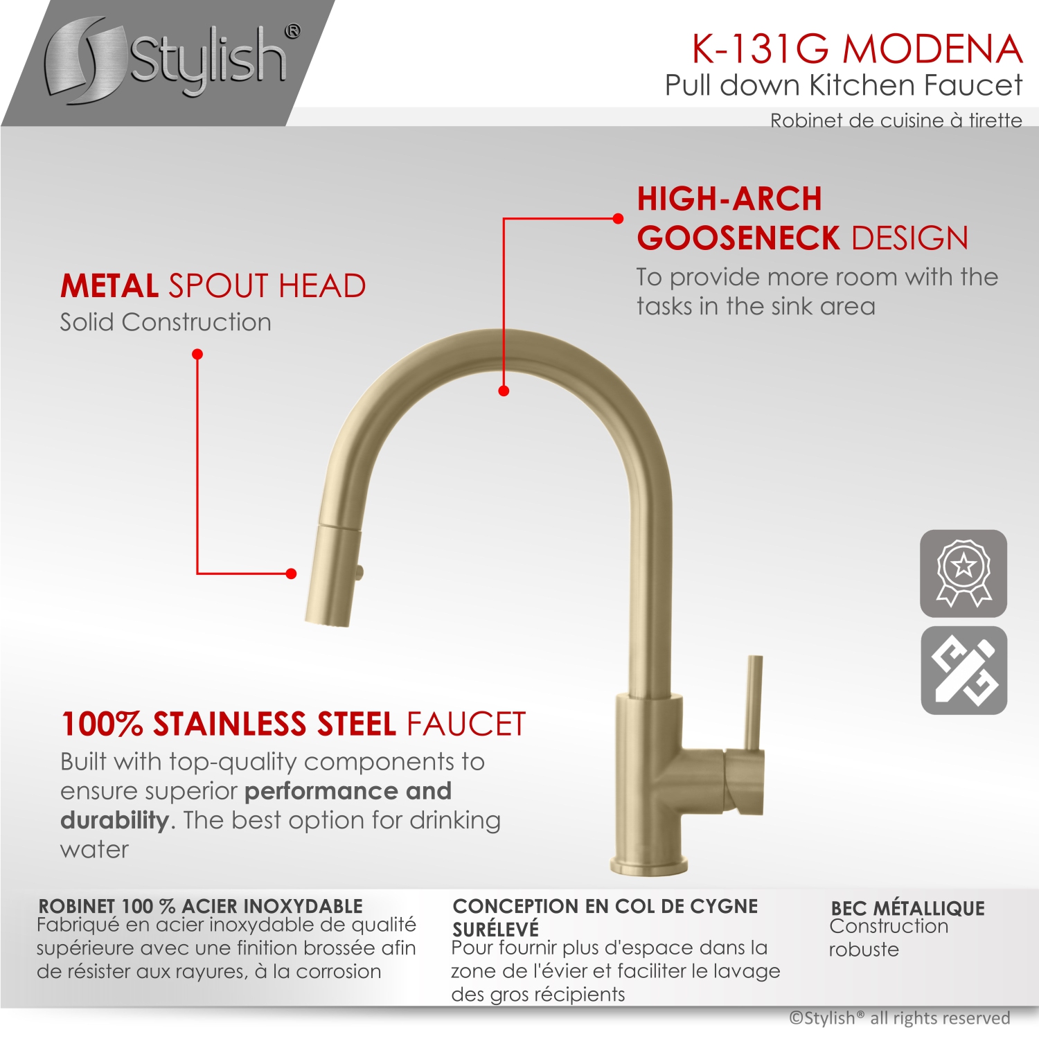 K131GK142G Single Handle Pull Down Kitchen Faucet with Cold Water Tap in Gold