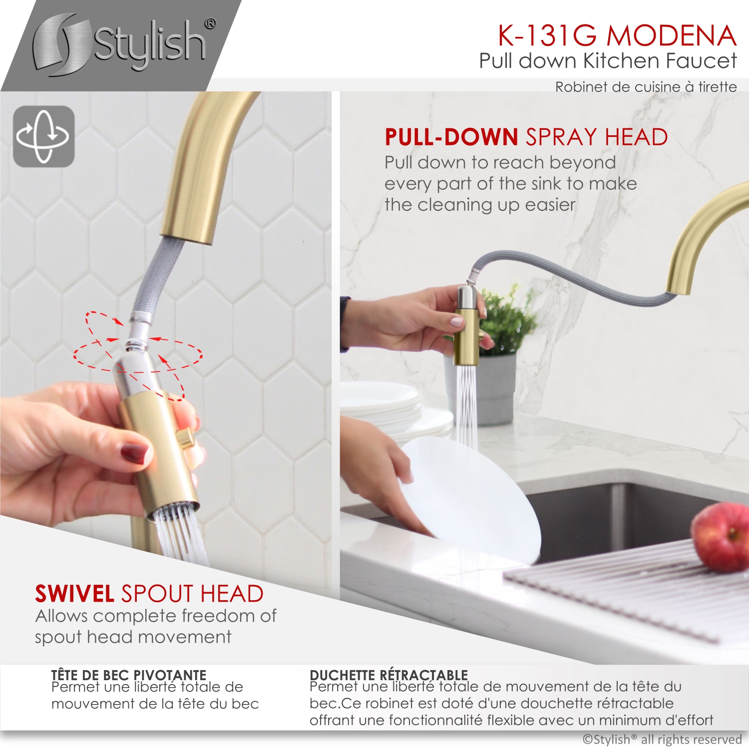 K131GK142G Single Handle Pull Down Kitchen Faucet with Cold Water Tap in Gold