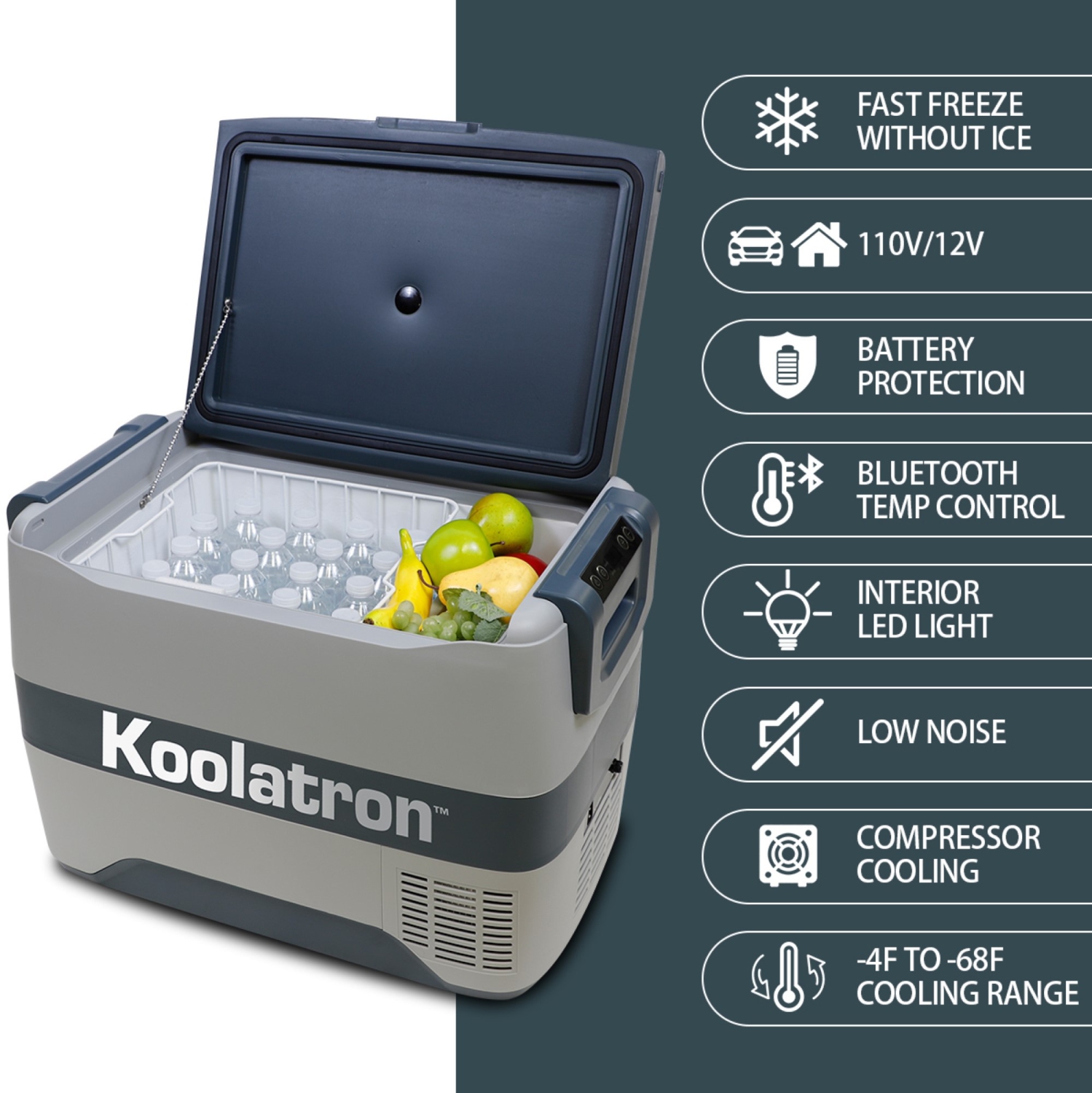 Koolatron 12 Volt Portable Freezer/Refrigerator w/ Bluetooth 42 qt, 12V DC/110V AC Cords, Gray