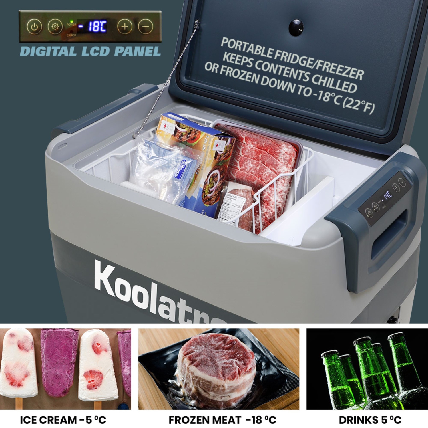 Koolatron 12 Volt Portable Freezer/Refrigerator w/ Bluetooth 54 qt, 12V DC/110V AC Cords, Gray