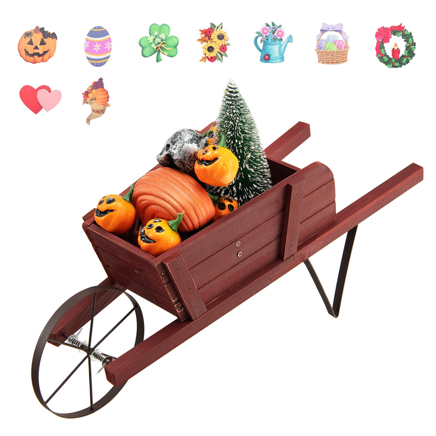Gymax Wooden Wagon Planter Decorative Indoor/ Outdoor Rustic Flower Cart w/ Wheel