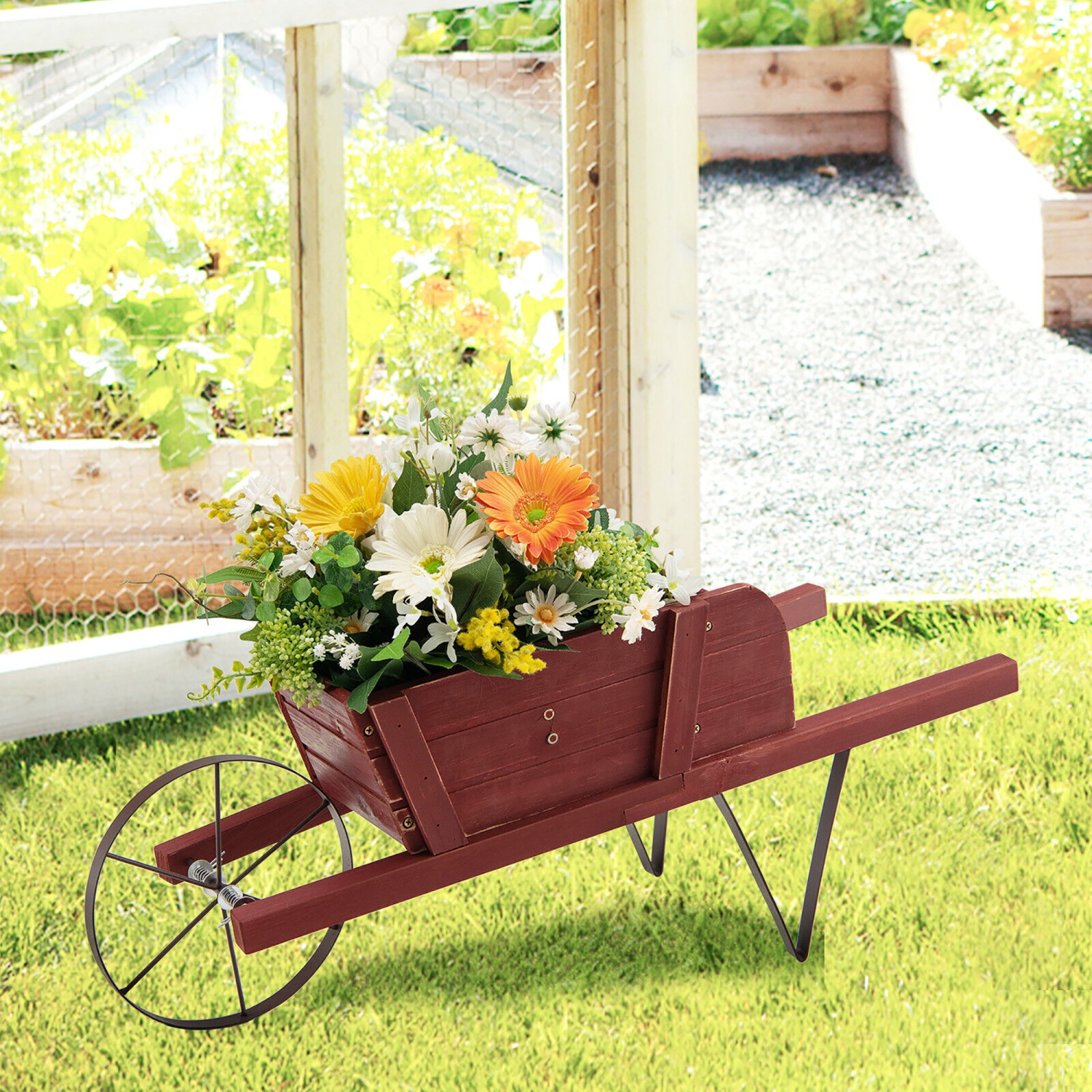 Gymax Wooden Wagon Planter Decorative Indoor/ Outdoor Rustic Flower Cart w/ Wheel