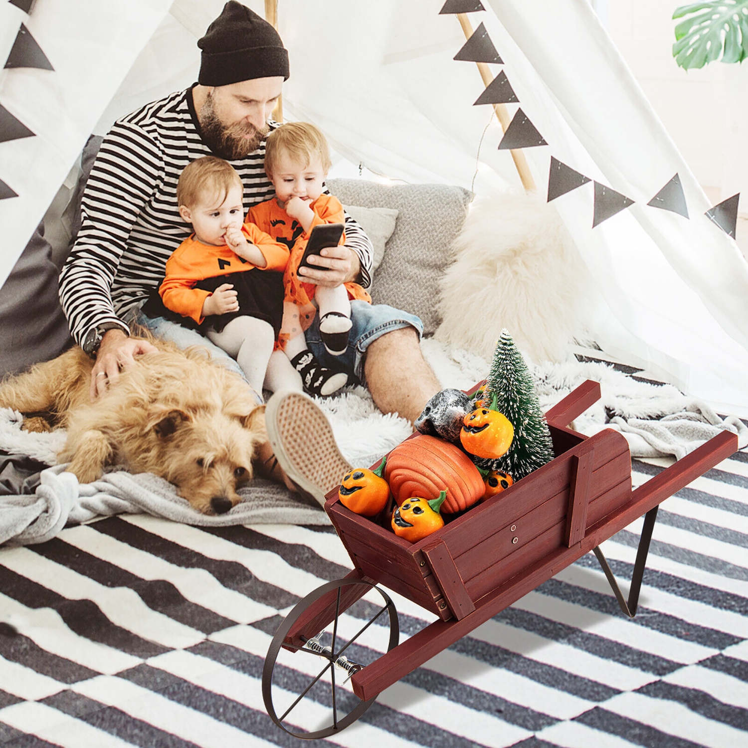 Gymax Wooden Wagon Planter Decorative Indoor/ Outdoor Rustic Flower Cart w/ Wheel