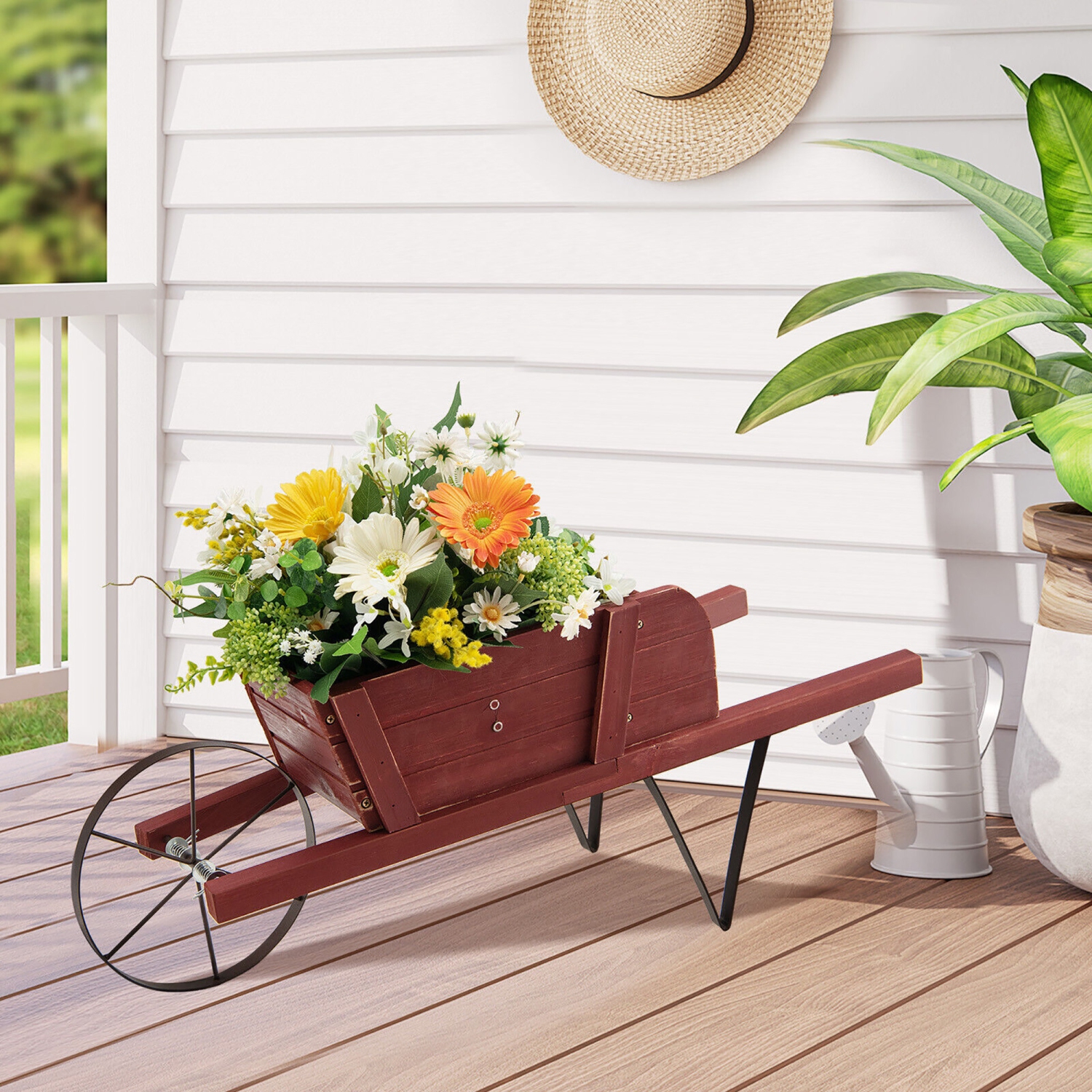 Gymax Wooden Wagon Planter Decorative Indoor/ Outdoor Rustic Flower Cart w/ Wheel