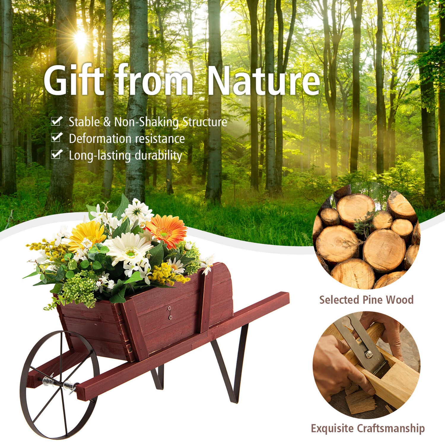 Gymax Wooden Wagon Planter Decorative Indoor/ Outdoor Rustic Flower Cart w/ Wheel