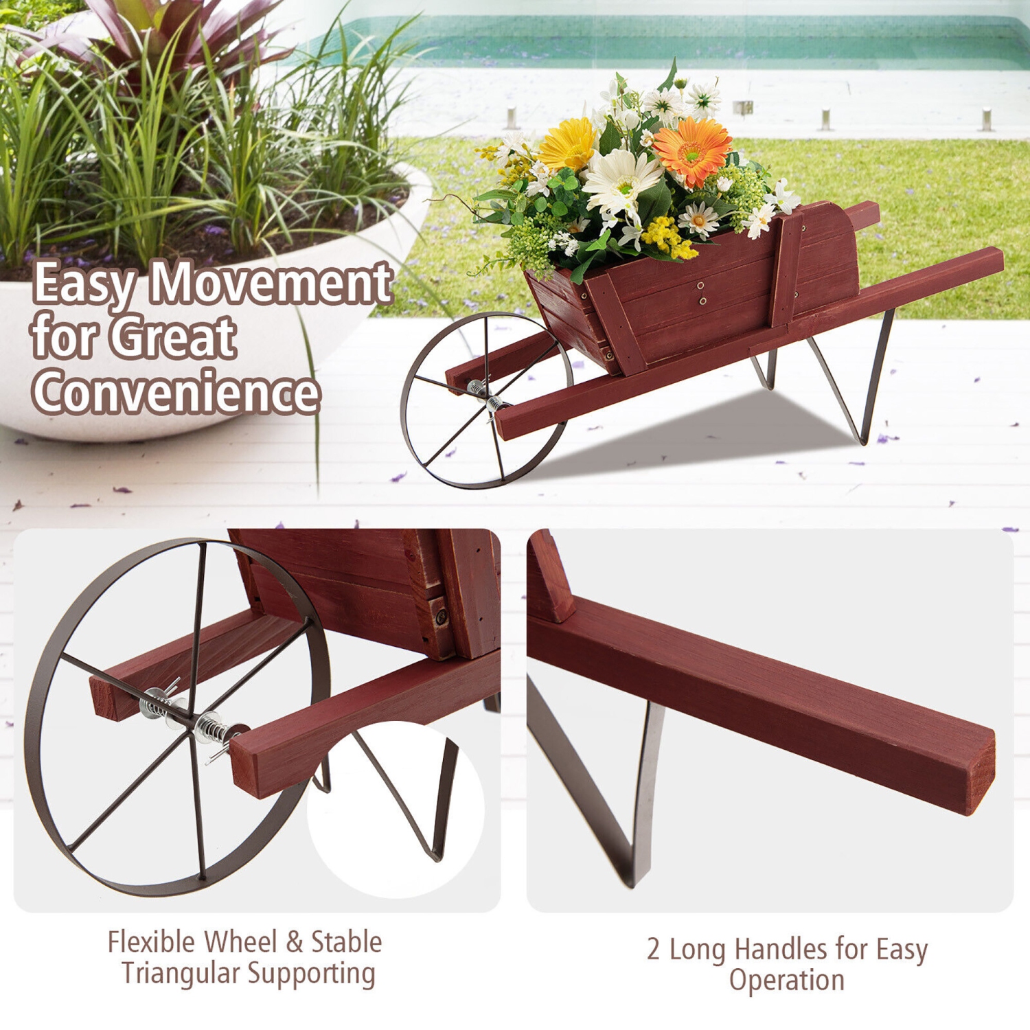 Gymax Wooden Wagon Planter Decorative Indoor/ Outdoor Rustic Flower Cart w/ Wheel