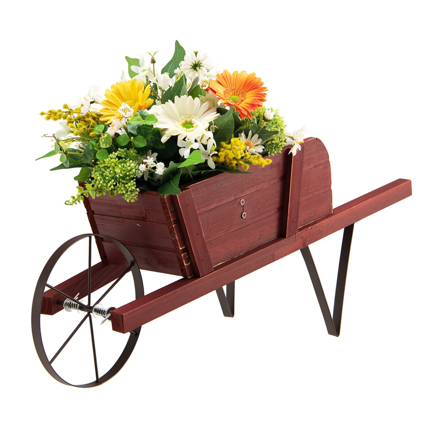 Gymax Wooden Wagon Planter Decorative Indoor/ Outdoor Rustic Flower Cart w/ Wheel