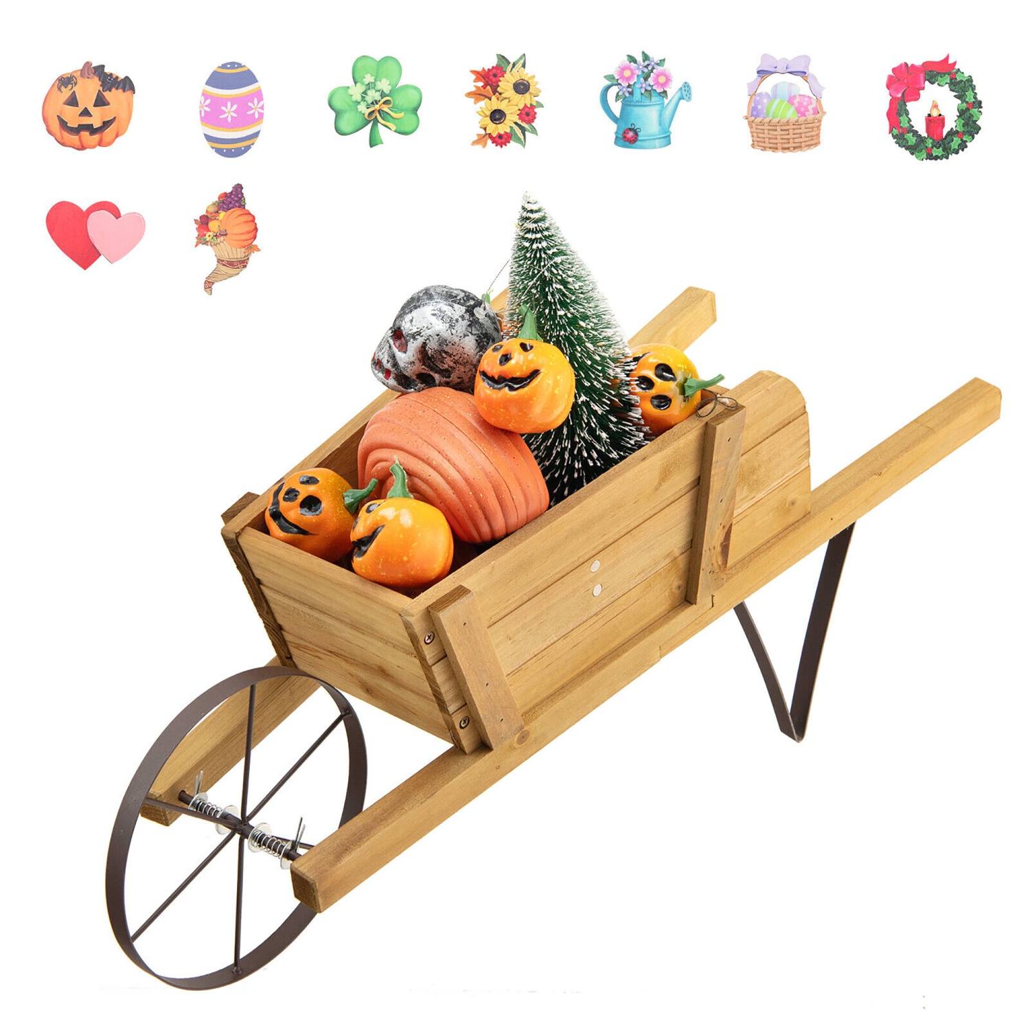 Gymax Wooden Wagon Planter Decorative Indoor/ Outdoor Rustic Flower Cart w/ Wheel