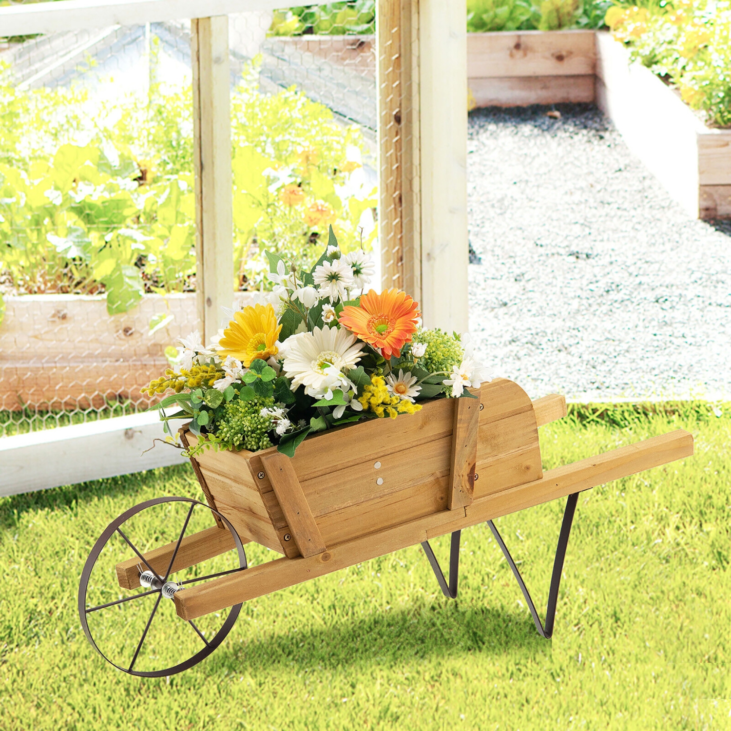 Gymax Wooden Wagon Planter Decorative Indoor/ Outdoor Rustic Flower Cart w/ Wheel