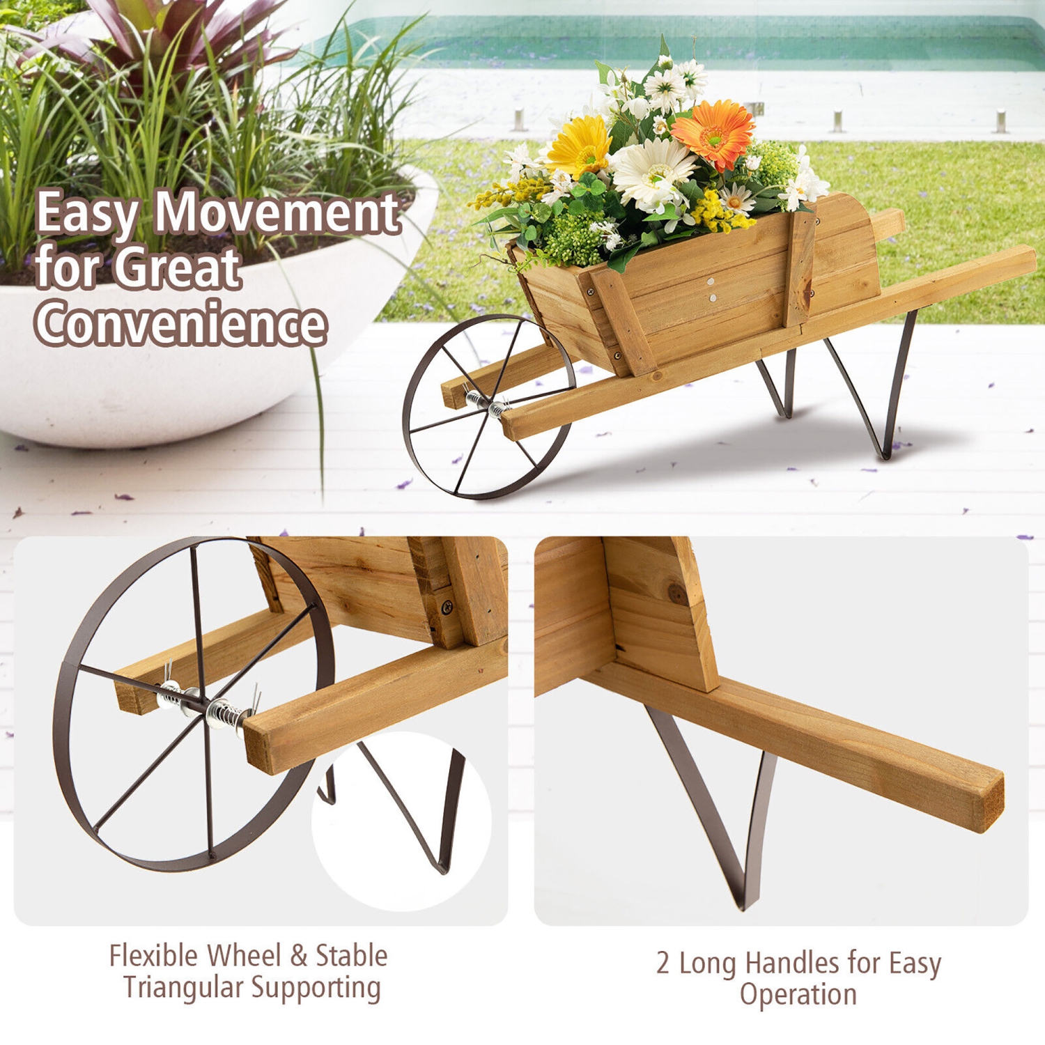 Gymax Wooden Wagon Planter Decorative Indoor/ Outdoor Rustic Flower Cart w/ Wheel