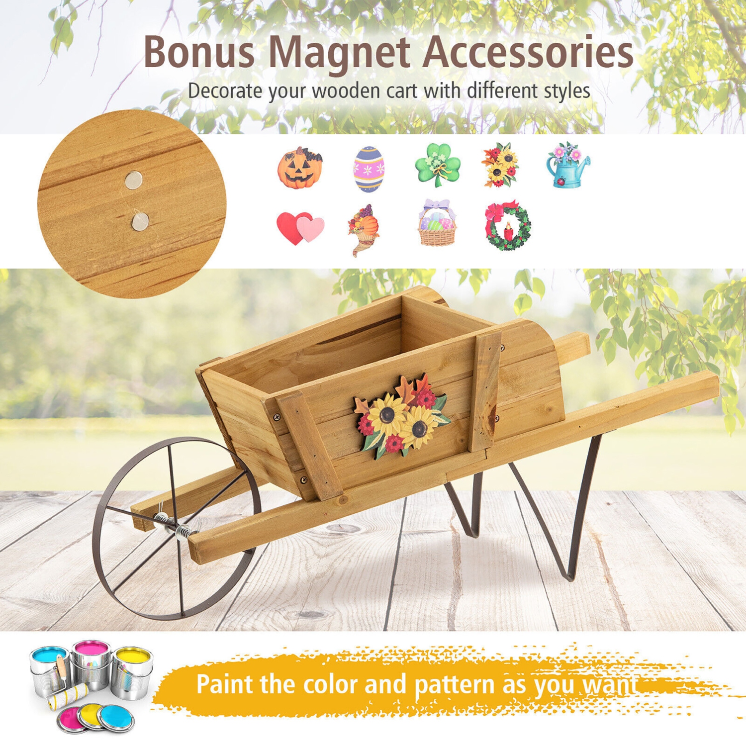 Gymax Wooden Wagon Planter Decorative Indoor/ Outdoor Rustic Flower Cart w/ Wheel