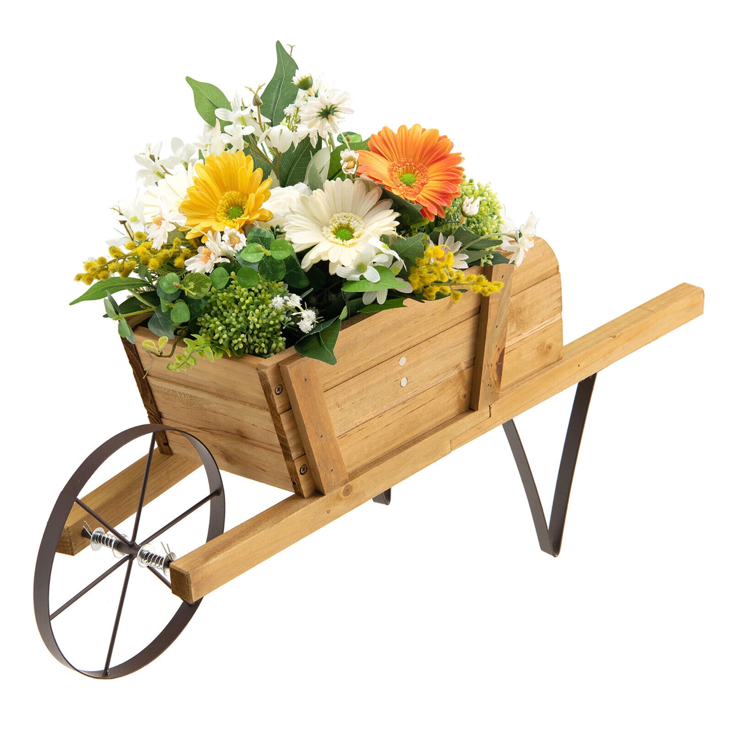 Gymax Wooden Wagon Planter Decorative Indoor/ Outdoor Rustic Flower Cart w/ Wheel
