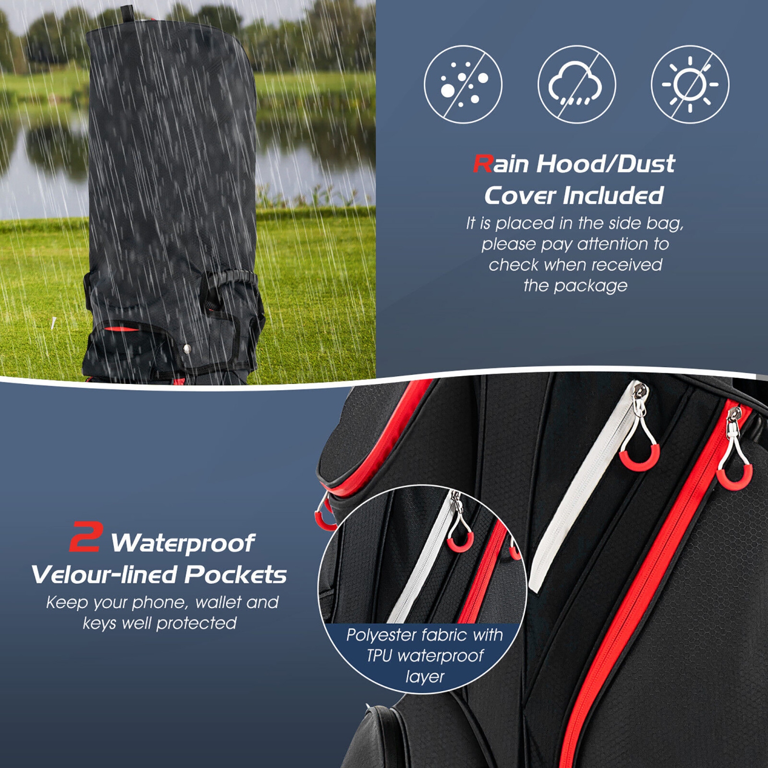 Gymax 9.5" Golf Cart Bag w/14 Divider Rain Hood Cooler Bag 8 Pockets