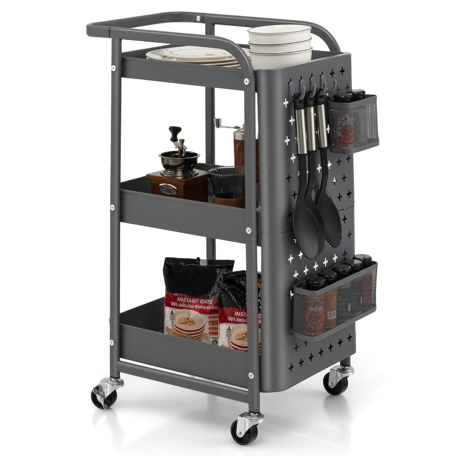 Gymax 3-Tier Utility Storage Cart Metal Rolling Trolley w/ DIY Pegboard Baskets