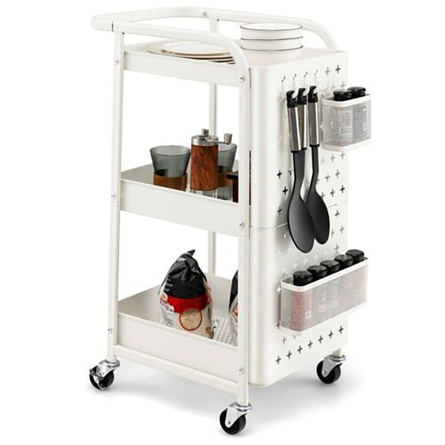 Gymax 3-Tier Utility Storage Cart Metal Rolling Trolley w/ DIY Pegboard Baskets