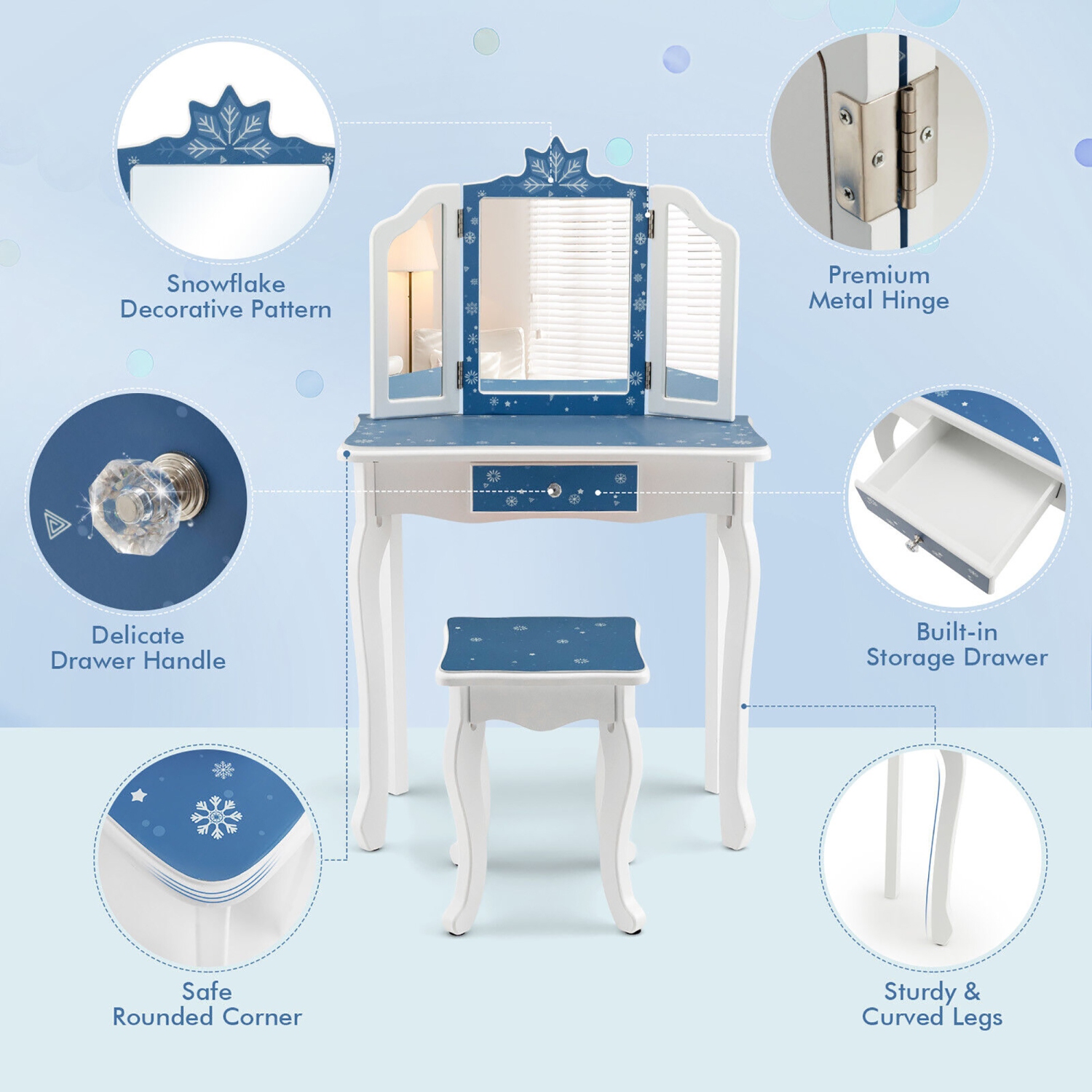 Gymax Kid Vanity Set Wooden Makeup Table Stool Tri-Folding Mirror Snowflake Print