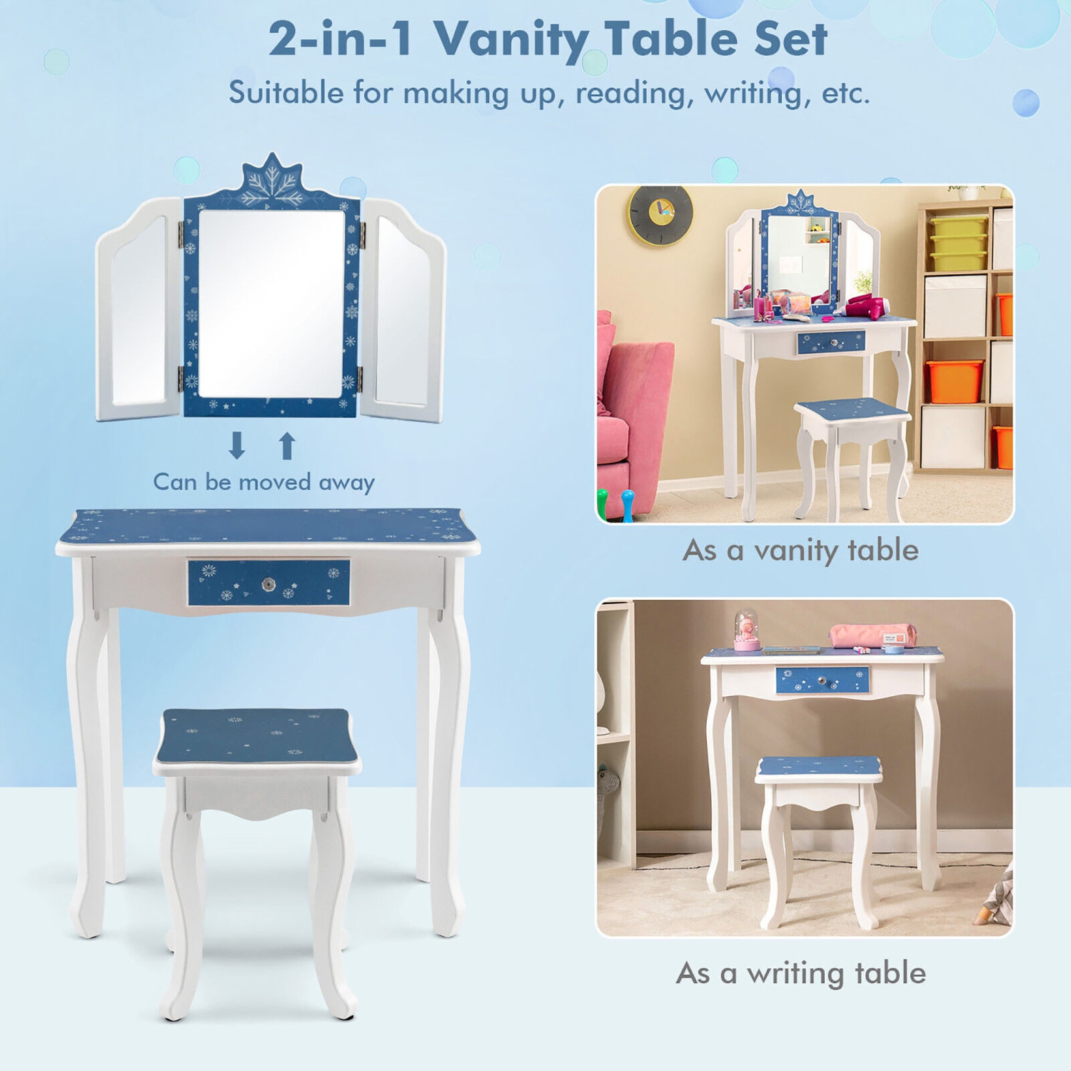 Gymax Kid Vanity Set Wooden Makeup Table Stool Tri-Folding Mirror Snowflake Print