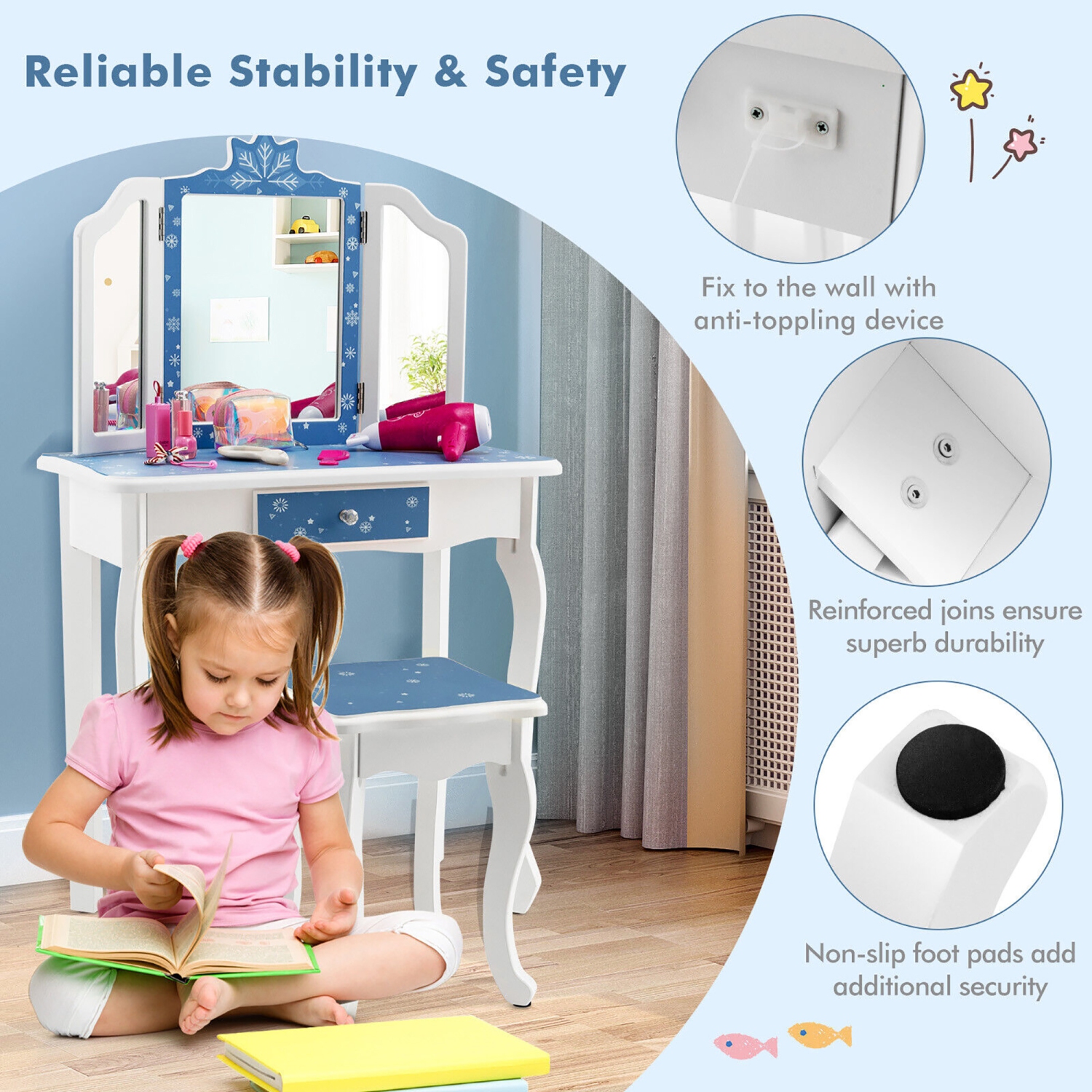 Gymax Kid Vanity Set Wooden Makeup Table Stool Tri-Folding Mirror Snowflake Print