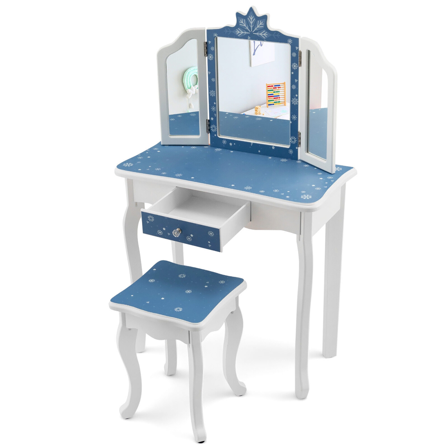 Gymax Kid Vanity Set Wooden Makeup Table Stool Tri-Folding Mirror Snowflake Print