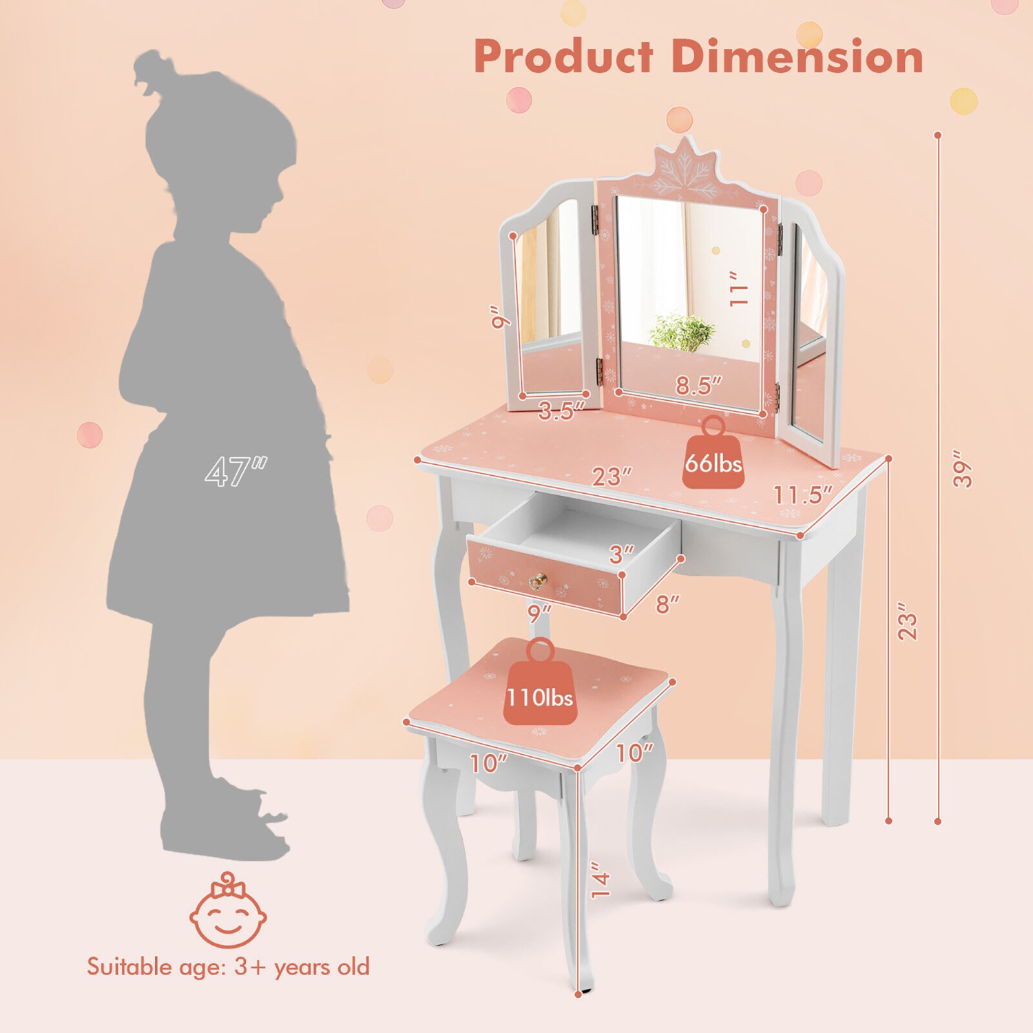 Gymax Kid Vanity Set Wooden Makeup Table Stool Tri-Folding Mirror Snowflake Print