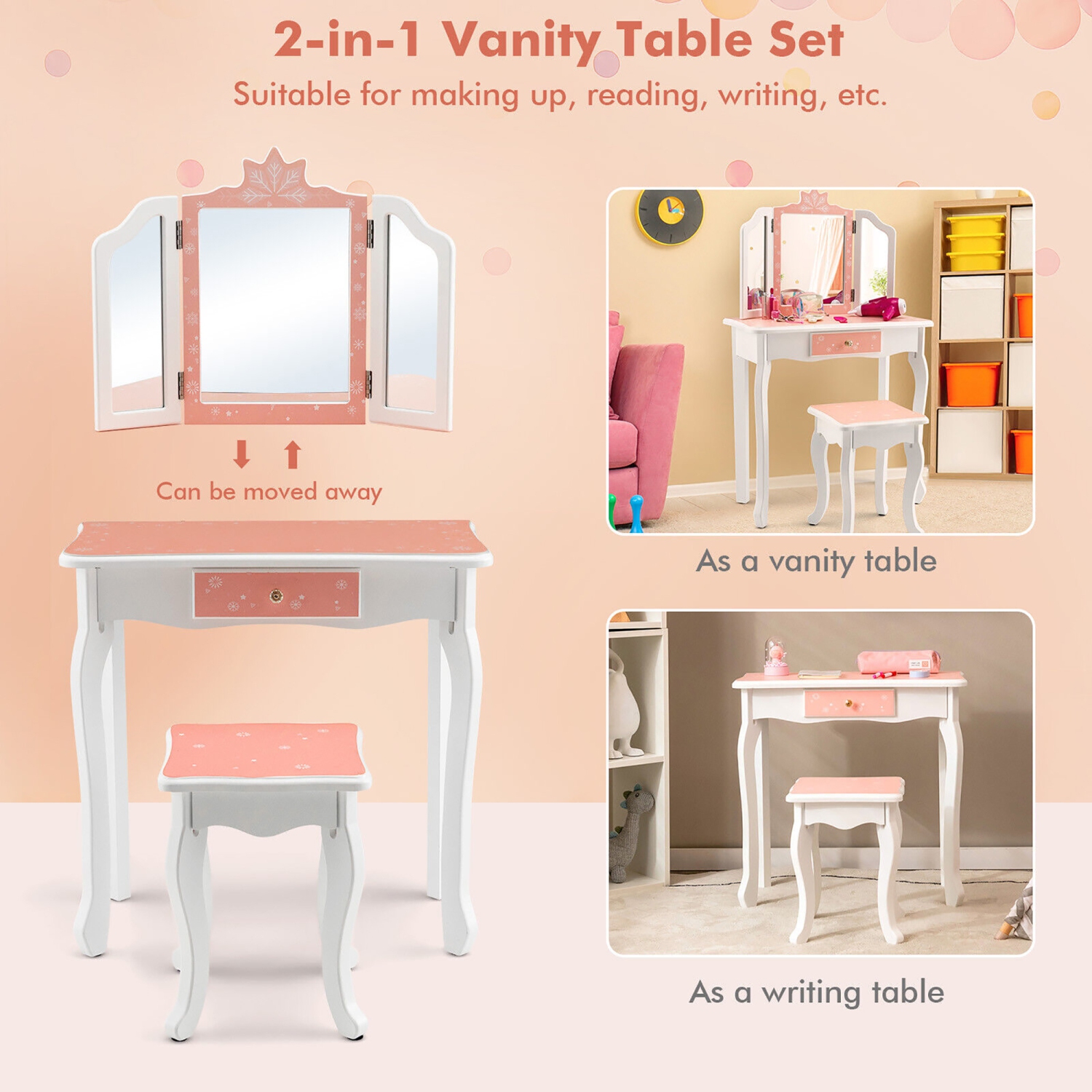 Gymax Kid Vanity Set Wooden Makeup Table Stool Tri-Folding Mirror Snowflake Print