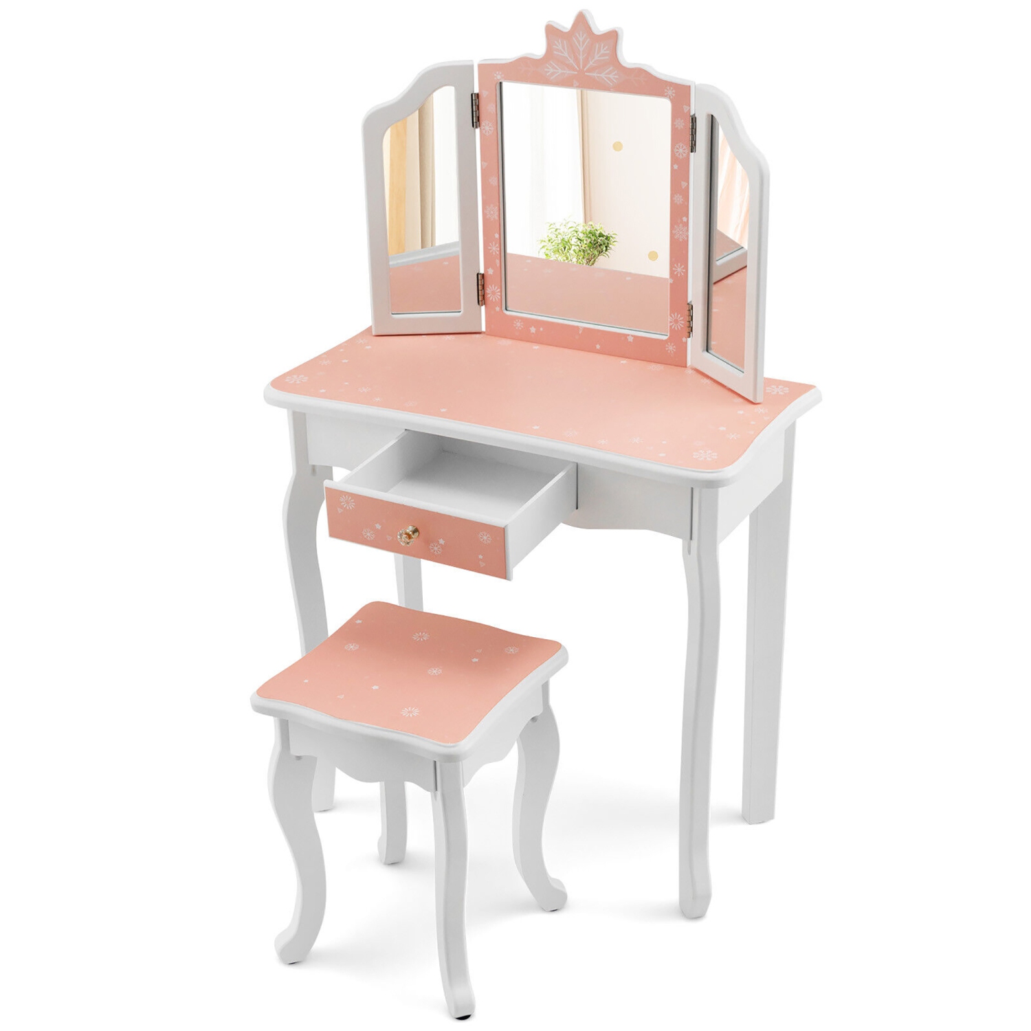 Gymax Kid Vanity Set Wooden Makeup Table Stool Tri-Folding Mirror Snowflake Print