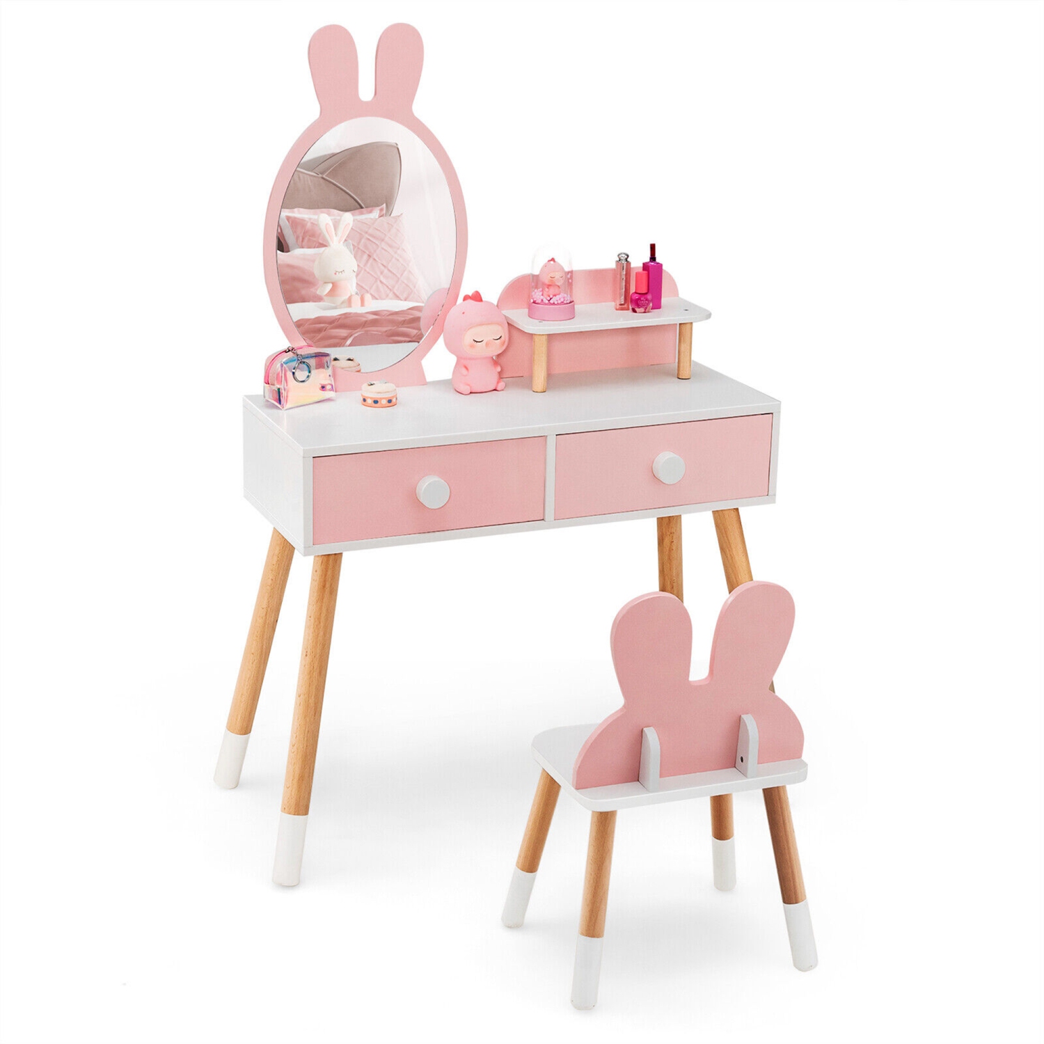 Gymax Kid Vanity Set Makeup Table Stool with Drawer Shelf Wood Leg Rabbit Mirror
