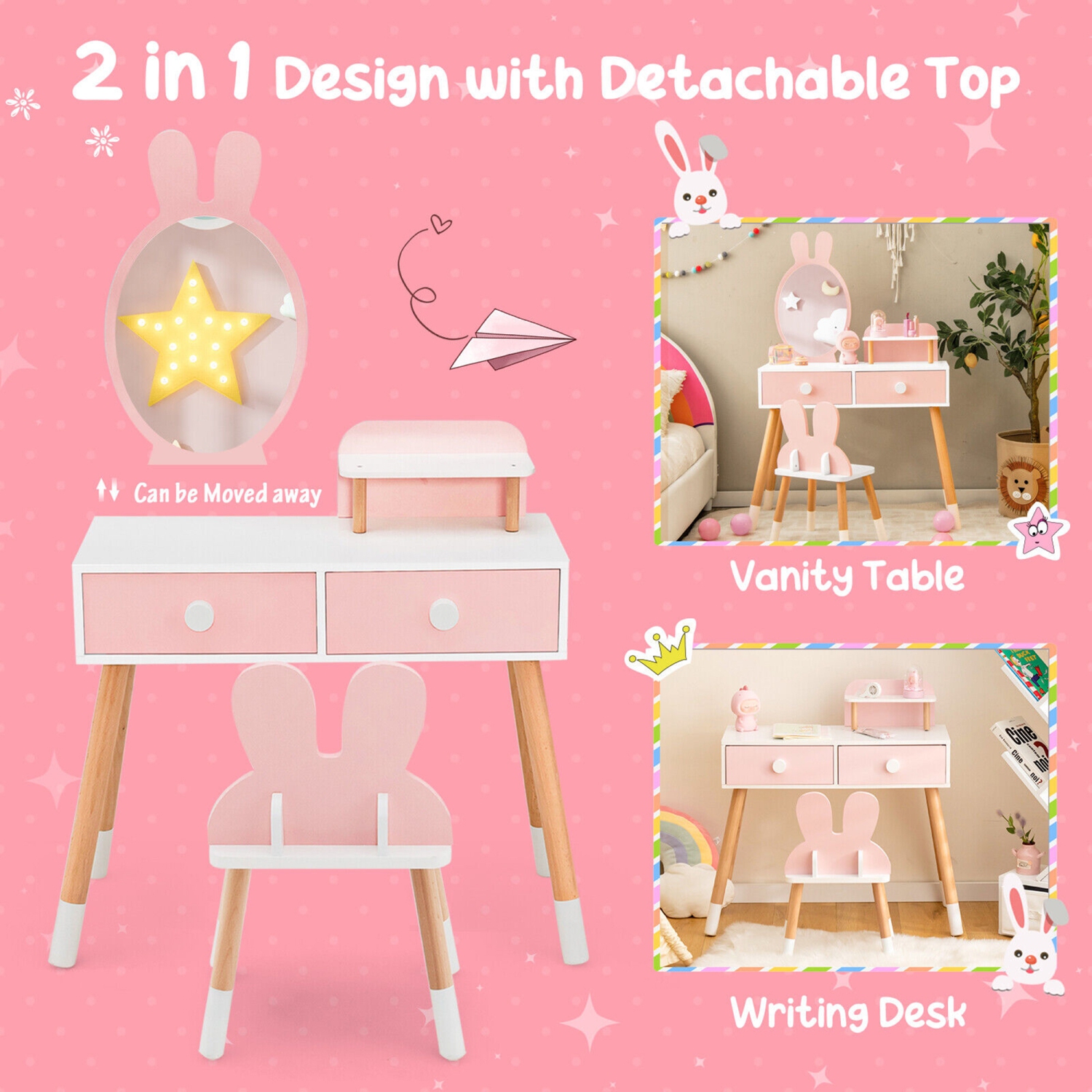 Gymax Kid Vanity Set Makeup Table Stool with Drawer Shelf Wood Leg Rabbit Mirror