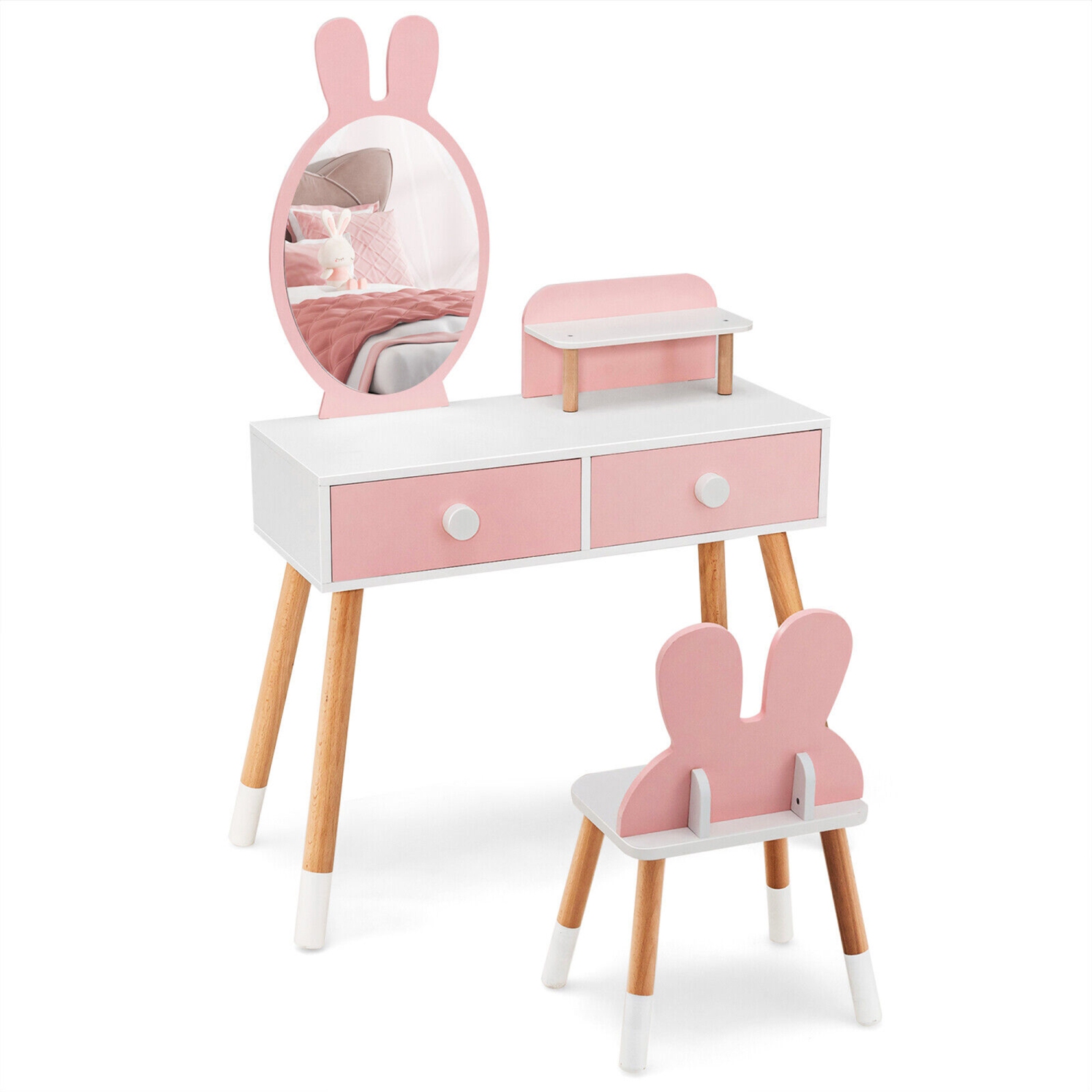 Gymax Kid Vanity Set Makeup Table Stool with Drawer Shelf Wood Leg Rabbit Mirror