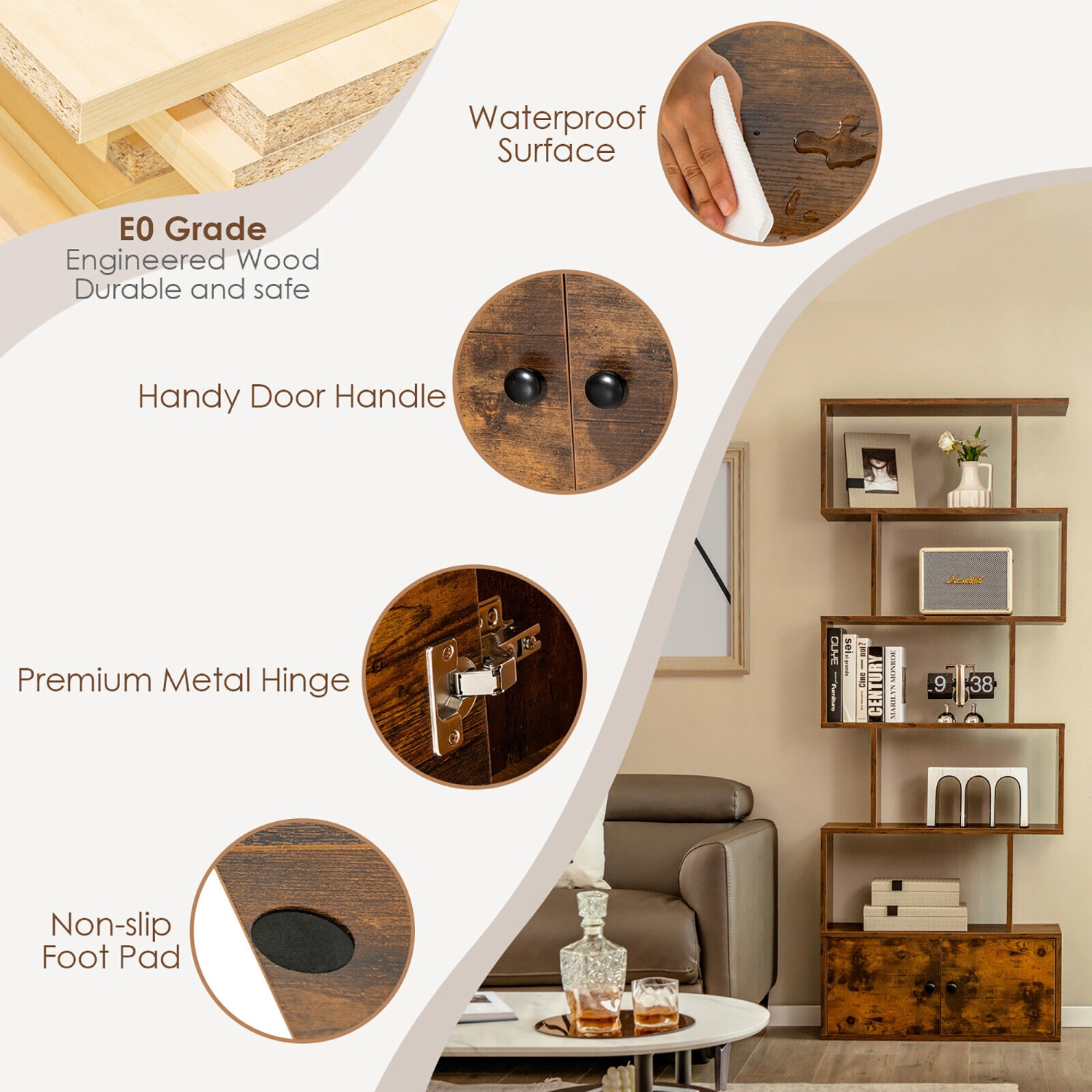 Gymax 2 PCS Bookshelf w/ Cabinet 6-Tier S-Shaped Bookcase Storage Rack Rustic Brown