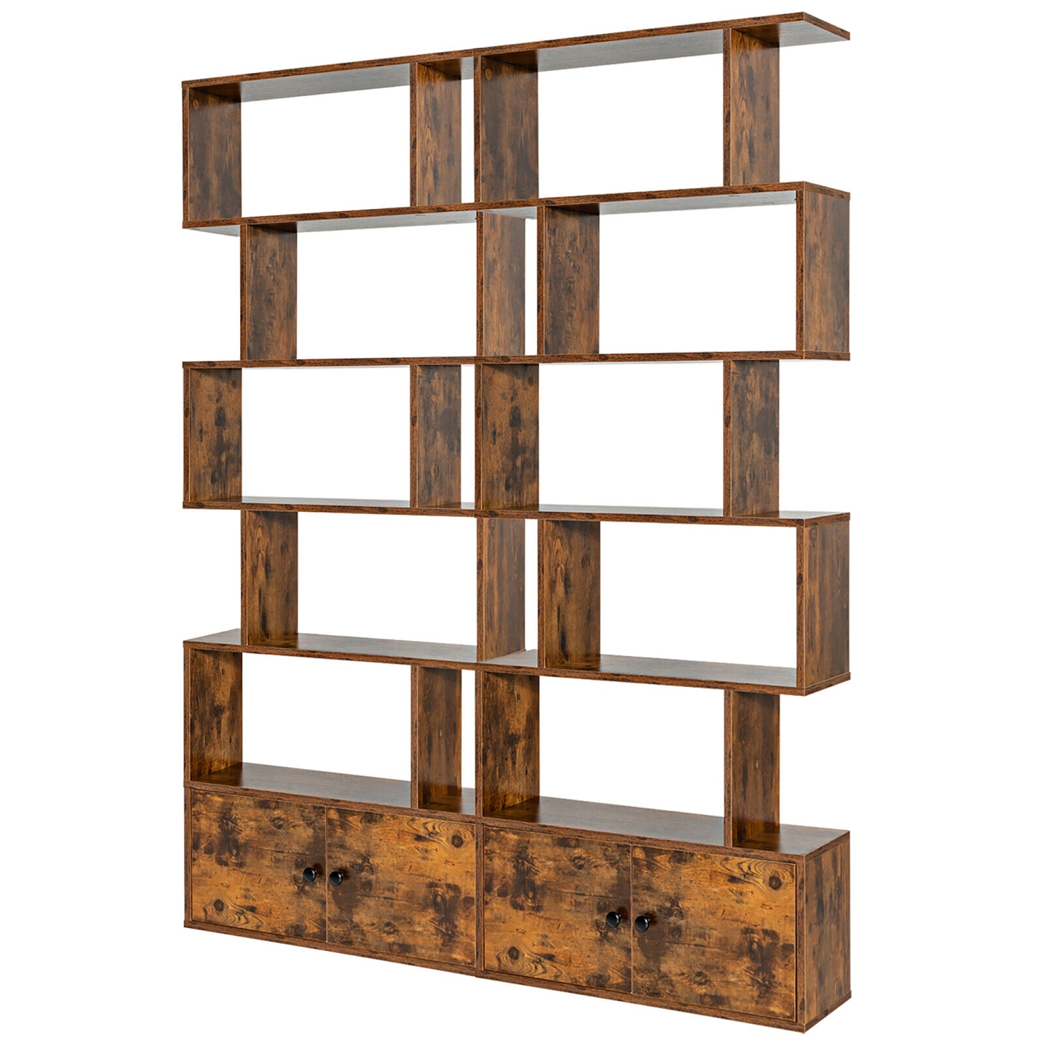 Gymax 2 PCS Bookshelf w/ Cabinet 6-Tier S-Shaped Bookcase Storage Rack Rustic Brown