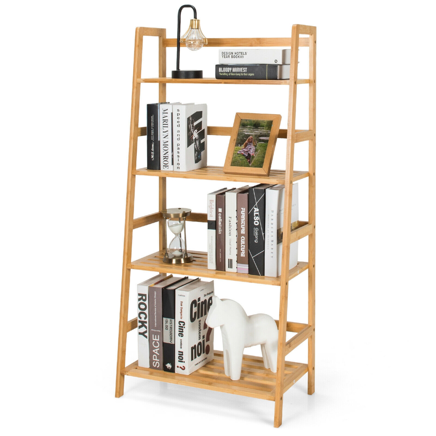 Gymax 4-Tier Bookshelf Bamboo Ladder Shelf Bathroom Shelves Storage Plant Stand Rack