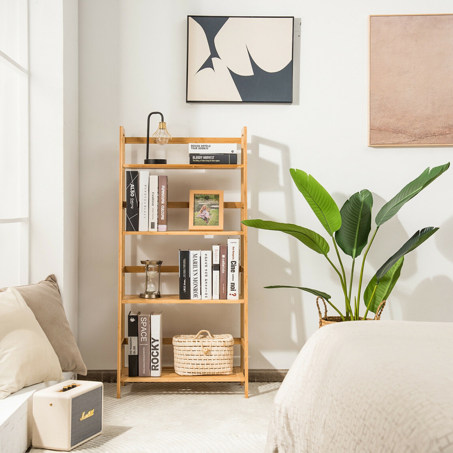 Gymax 4-Tier Bookshelf Bamboo Ladder Shelf Bathroom Shelves Storage Plant Stand Rack