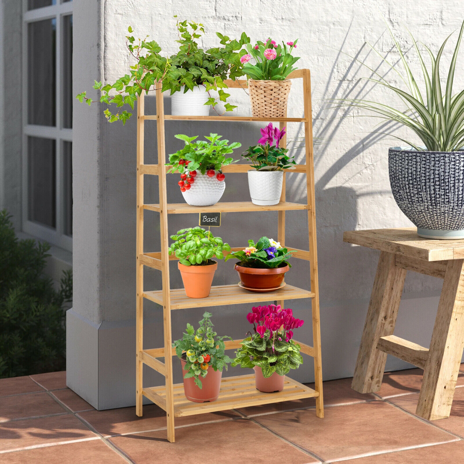 Gymax 4-Tier Bookshelf Bamboo Ladder Shelf Bathroom Shelves Storage Plant Stand Rack