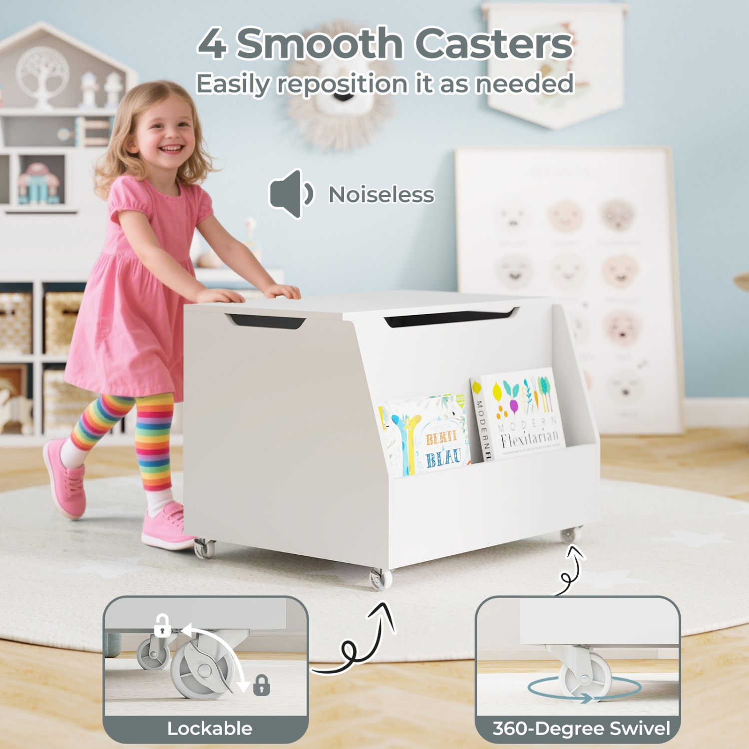 Gymax Kids Toy Box Wooden Storage Chest Bench w/ Bookshelf Wheels Safety Hinge Lid