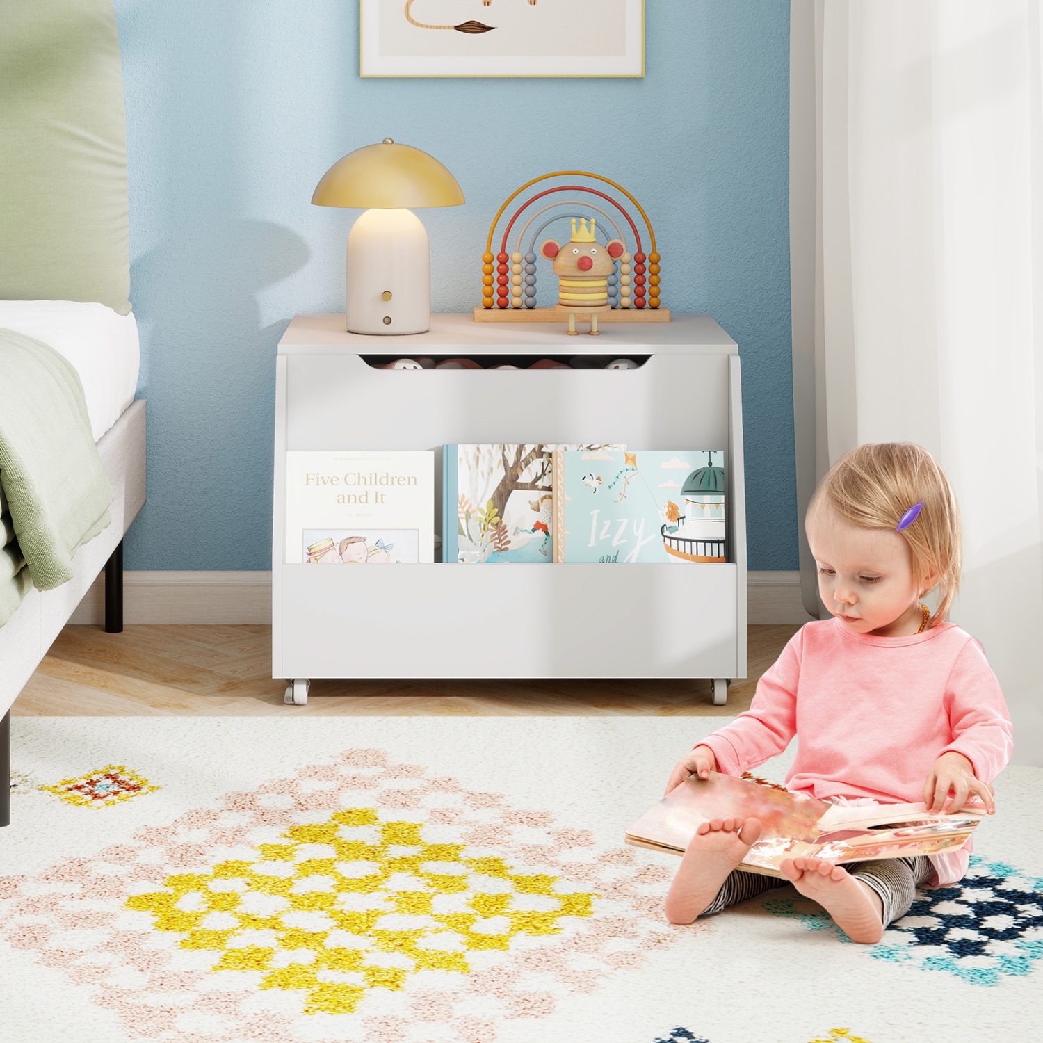 Gymax Kids Toy Box Wooden Storage Chest Bench w/ Bookshelf Wheels Safety Hinge Lid