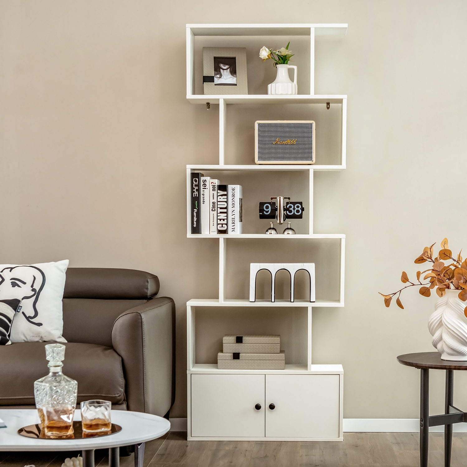 Gymax 2PCS 6-tier Geometric Bookcase S-shaped Z-shelf Bookshelf Cabinet w/ Doors White