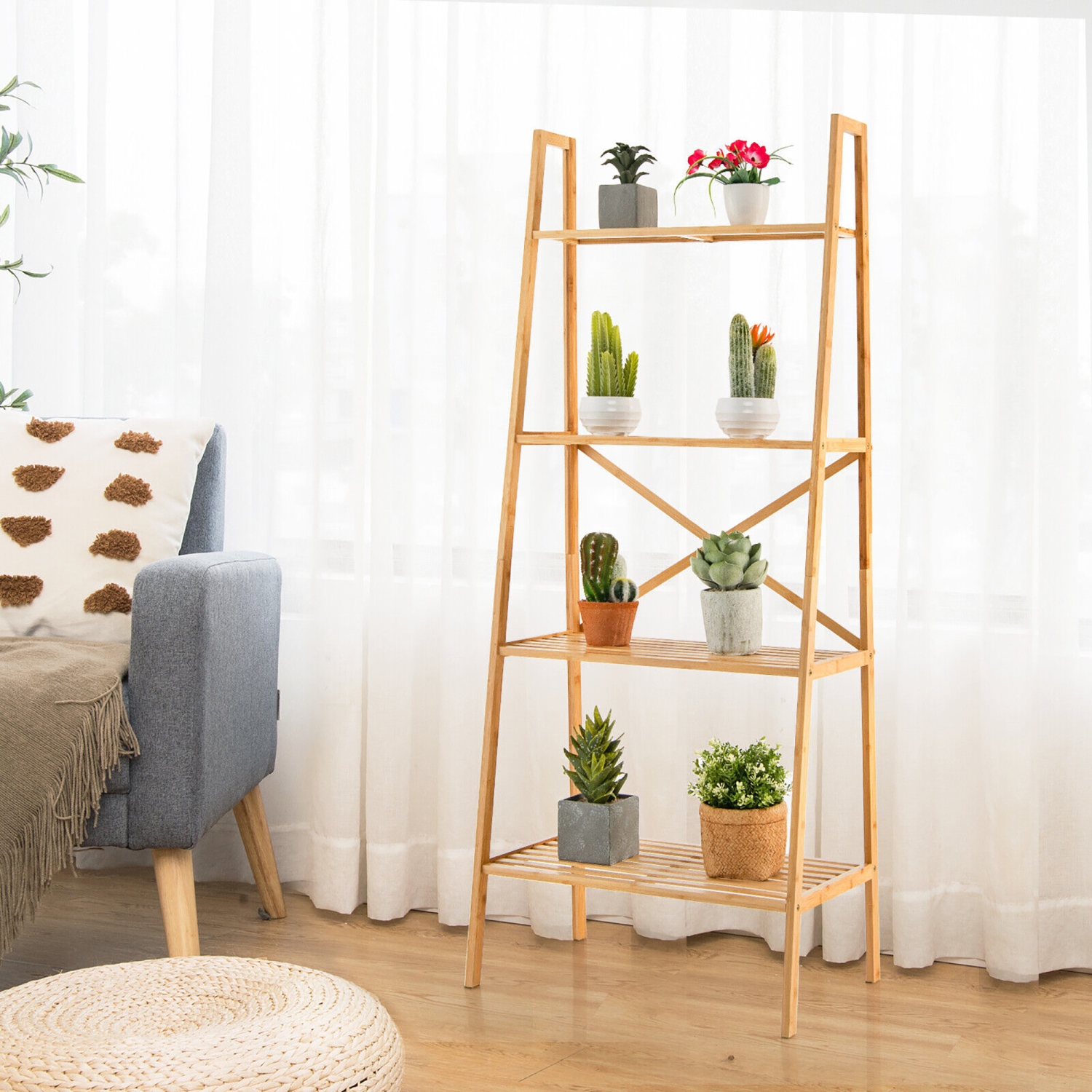 Gymax 4-Tier Bamboo Ladder Bookshelf 58'' Display Shelf Storage Rack Plant Flower Stand