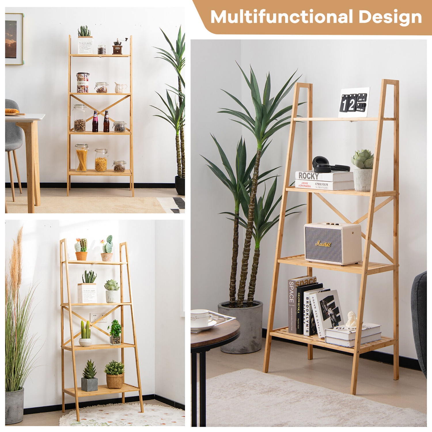Gymax 4-Tier Bamboo Ladder Bookshelf 58'' Display Shelf Storage Rack Plant Flower Stand